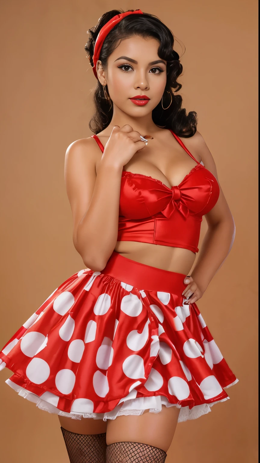 Photo with a beautiful dark tan, sexy and emotional tanned dark tan Peruvian peru ethnicity Melissa Paredes . She has black curly hair, creating a mysterious and sexy image. Model dressed in pin-up style with hair styled "victory rolls" and curly bangs. Her plump red lips make her look sexy. She has average breast size. She portrays a pin-up model, posing in various sexual positions. Against a white background, she appears in a red retro dress with large polka dots with a fluffy, voluminous ballerina skirt. She has a red bandana on her head, and on his feet - red stockings. The photo is made in pin-up style, emphasizing the retro-USA vibe. Her lips are folded into a bow, she blows a kiss, adding a special charm to photos. Peru from Peru