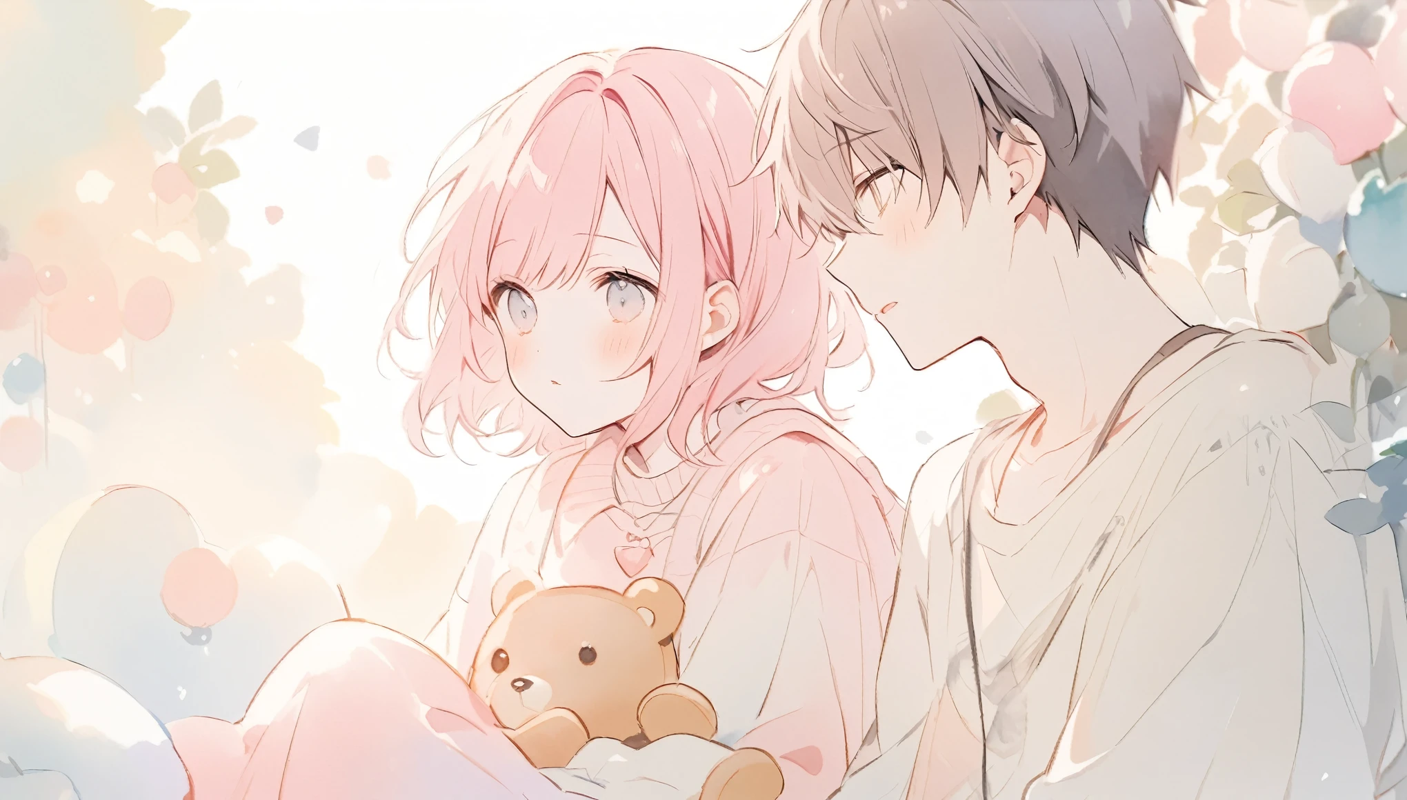 watercolor、 pale colour、Pink haired girl and boy。 teddy bear