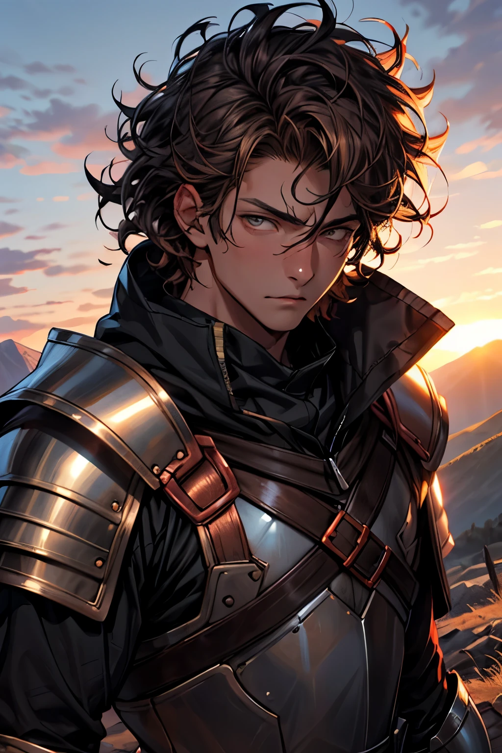 one male, 20 years old, medieval armor, masculine, adult || mixed race, copper skin tone, curly hair, rough hair, messy hair, black hair, honey colored eyes, tired eyes, || looking at camera, tired expression, sunset valley of mountains in background