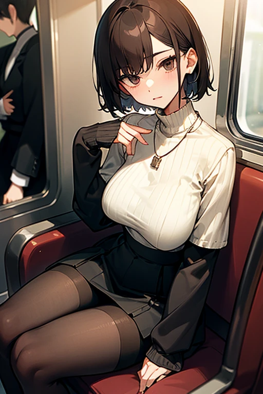 Brown short bob、Black high neck waffle knit top、Flared sleeves、Tight Skirt、Black Stockings、necklace、sitting in a train seat、tits、slender、