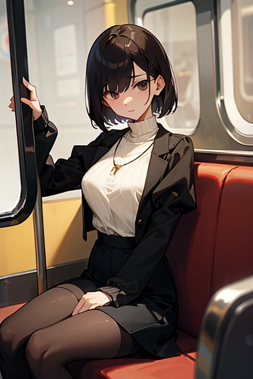 Brown short bob、Black high neck waffle knit top、Flared sleeves、Tight Skirt、Black Stockings、necklace、sitting in a train seat、tits、slender、