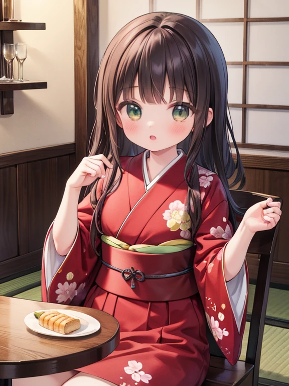 masterpiece, highest quality, Very detailed, 16k, Ultra-high resolution, Cowboy Shot, Detailed face, Perfect Fingers, 18-year-old female,  Inside the sweet shop, Cute kimono-like outfit, table, Chair, Carry dishes, 