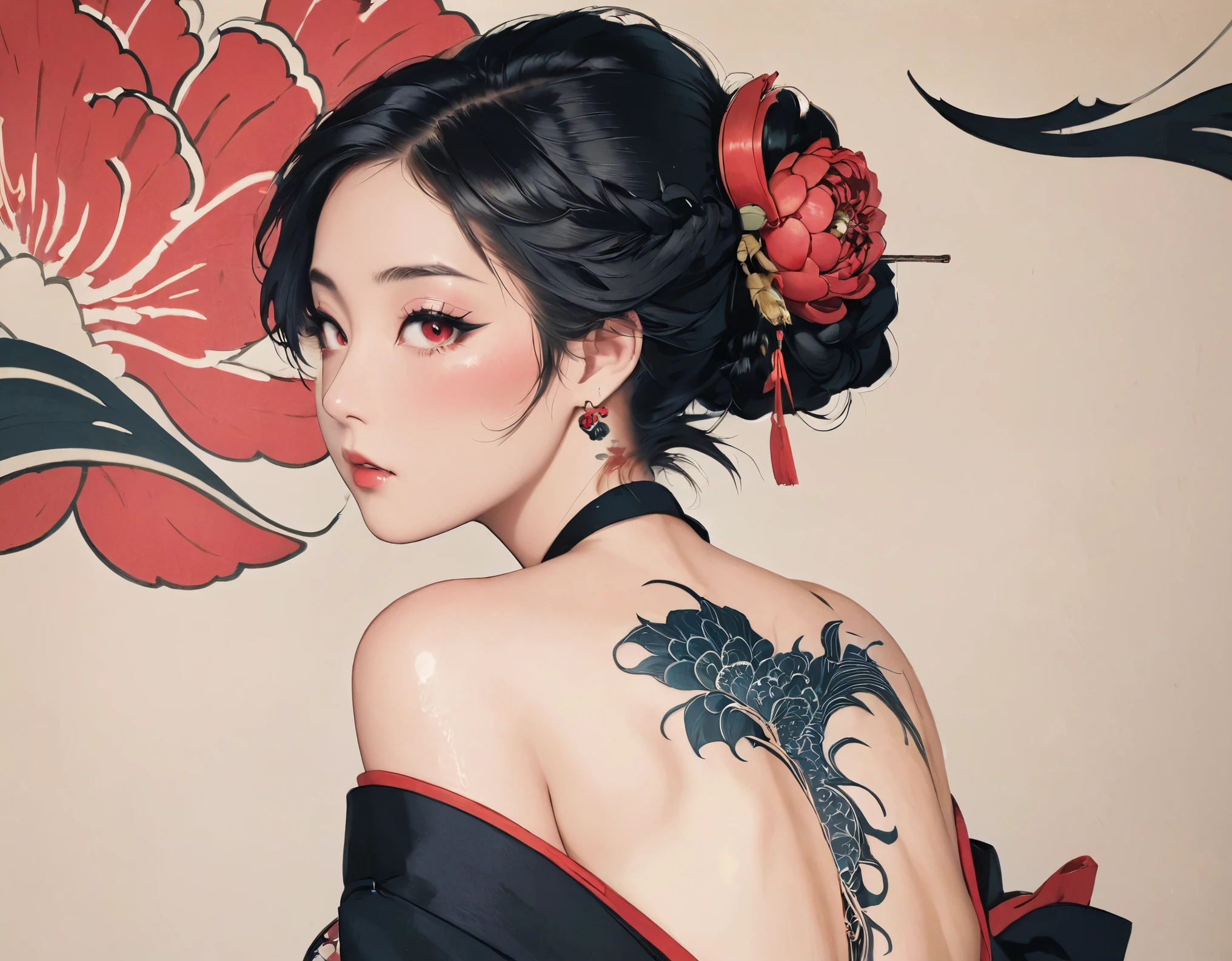 Ukiyo-e、Wearing a black kimono_Only the right shoulder is exposed from the kimono._Showing off a scarlet peony tattoo covering his entire back_Extremely beautiful Japanese women、(Tattoo close-up:1.8)、