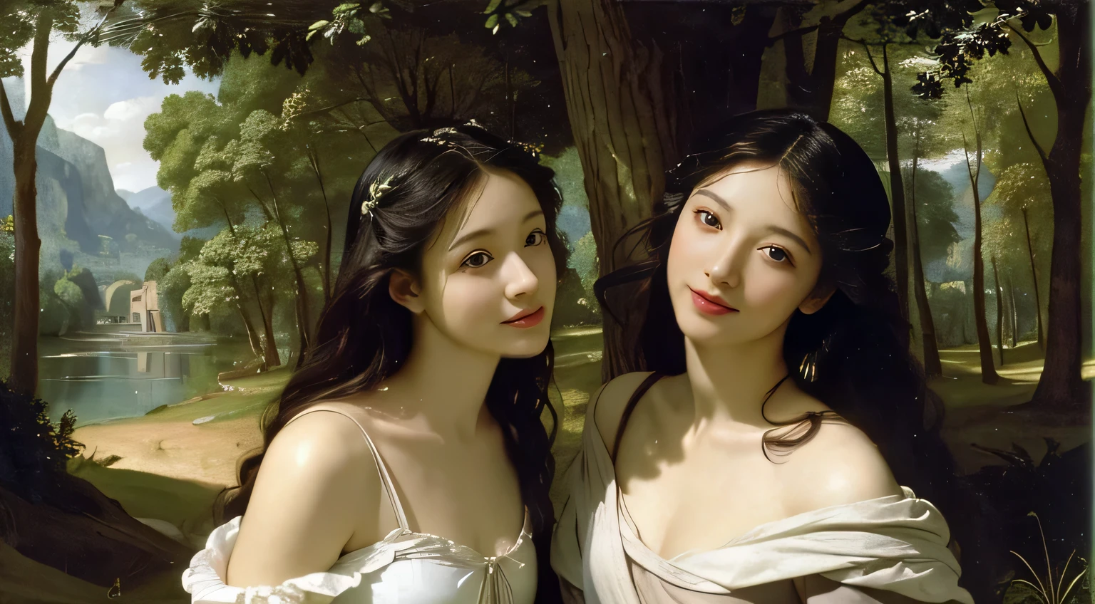 Giorgione painting style,Barbizon forest A beautiful woman in Greek dress smiles on the shore,Sweet and seductive appearance.、Caravaggio's paintings、Chiaroscuro of Caravaggio、hair tousled by the wind,Two women frolicking,cute smile, expression of ecstasy,Sexy,erotic, full body portrait