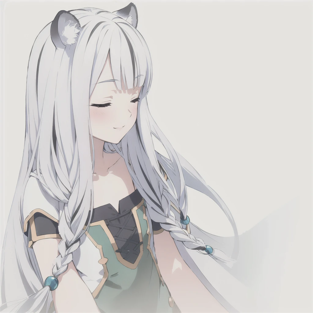 ((masterpiece)), (best quality), (ultra-detailed), photorealistic, (best illustration), ((an extremely delicate and beautiful)), 1girl, solo, long hair, tiger ears, [:tiger tail under:0.2], white hair, two-tone hair, full body, long blue cape, (Alternative outfit:1), platinum armor, cross-laced, standing, closed eyes, smile, black skirt, short sleeves, detailed scenery, blue sky, horizon, low twin braids, twin braids, hair ornament, bracelet, (knight outfit:0.9), blush, no helmet, Cute but Formidable, girl knight, armor on body. 