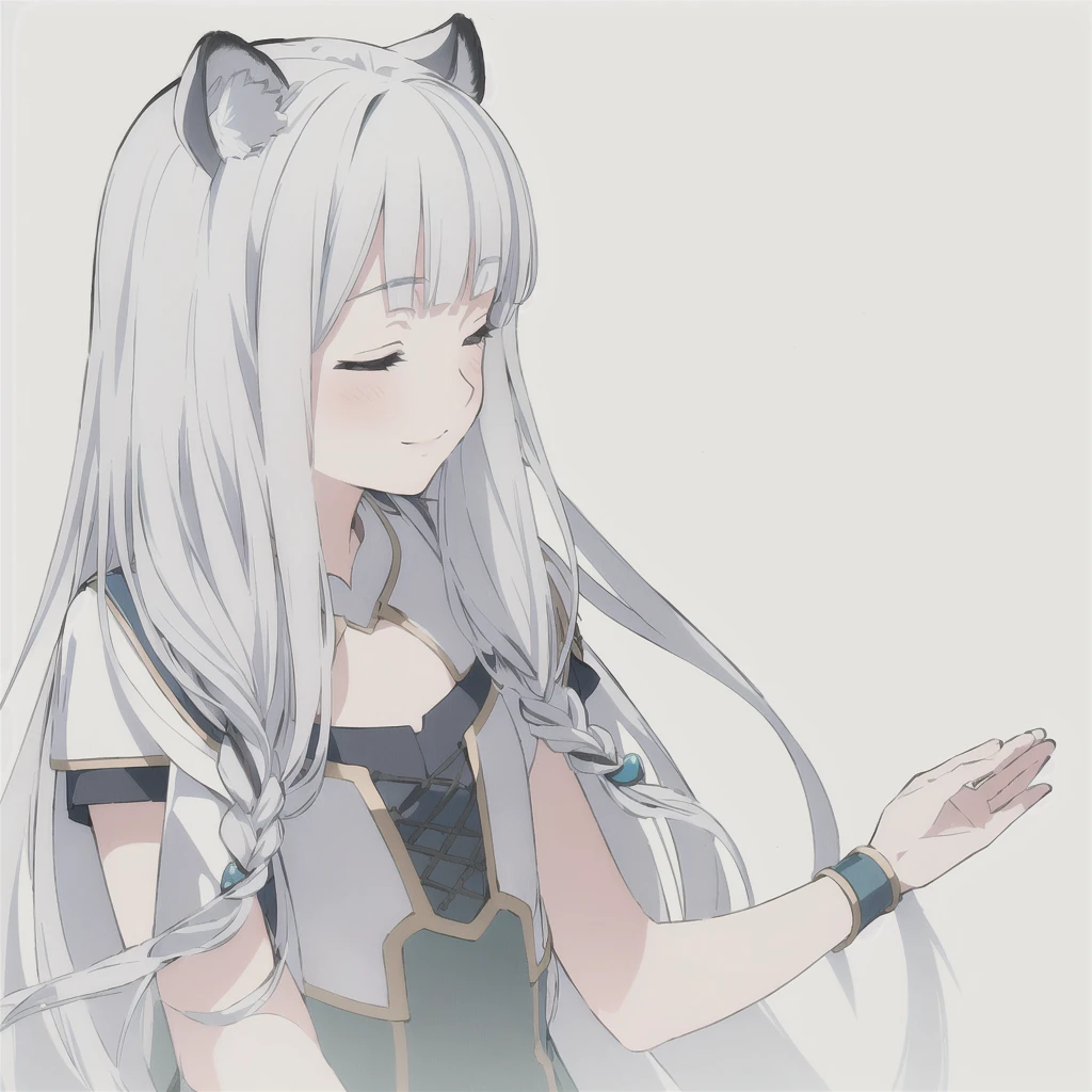 ((masterpiece)), (best quality), (ultra-detailed), photorealistic, (best illustration), ((an extremely delicate and beautiful)), 1girl, solo, long hair, tiger ears, [:tiger tail under:0.2], white hair, two-tone hair, full body, long blue cape, (Alternative outfit:1), platinum armor, cross-laced, standing, closed eyes, smile, black skirt, short sleeves, detailed scenery, blue sky, horizon, low twin braids, twin braids, hair ornament, bracelet, (knight outfit:0.9), blush, no helmet, Cute but Formidable, girl knight, armor on body. 