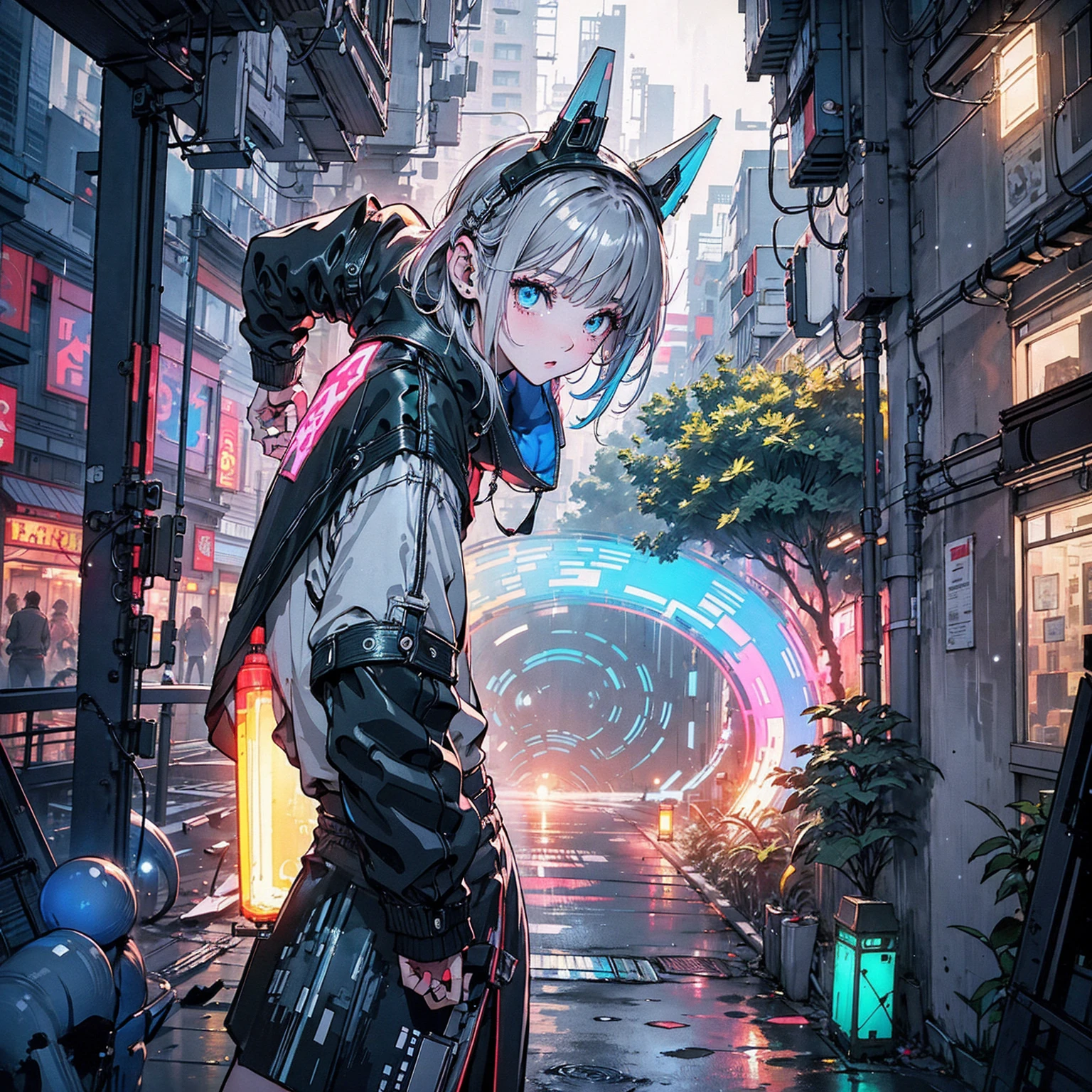 masterpiece, highest quality, Realistic, Scattered beneath the surface, Color lighting, color, red + 黄color + green + Blue limited color palette, 詳細な概念figure, Line art, figure, cyber punk, 18 year old girl, Fearless, Robot Companion, Urban Armor, Cybernetic Enhancements, Neon Street in the Rain, Hidden Resistance, Encode the message, (close)