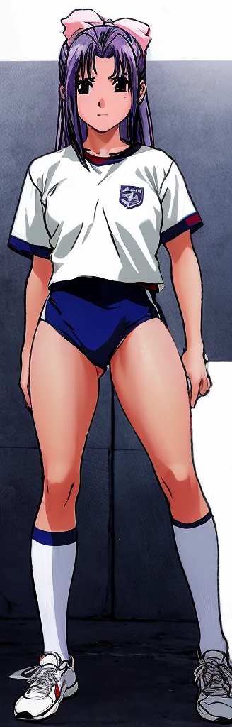 Momoko Koigakubo, a tall girl with beautiful legs, is wearing white gym clothes and light-colored navy blue bloomers that look like panties, and is standing with her legs spread to the sides and her face down.。Oblique angle。