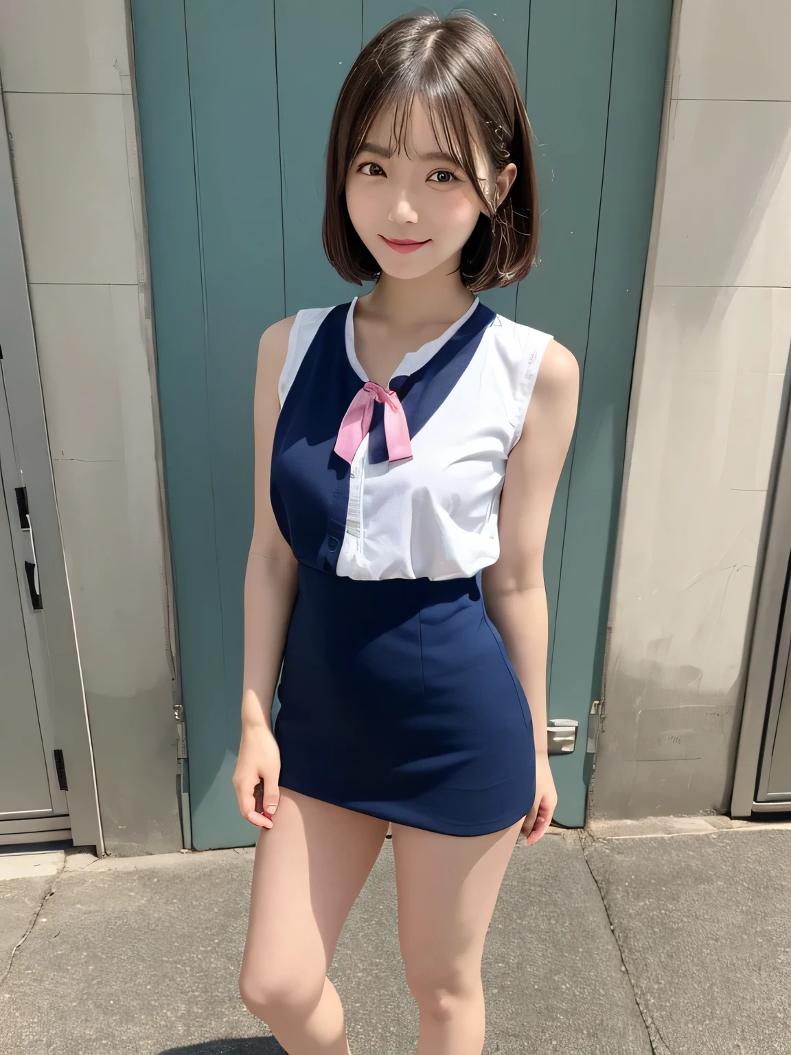 In detail,Full body photo、Blonde、 One high school girl、High resolution, high quality、Slim body、Perfect dynamic composition, Beautiful fine details, Short Bob Cut、Natural color lip,Kamimei、13-year-old girl、Clear Skin、Navy blue sleeveless sailor suit、Pink ribbon、Green mini skirt、Thighs、Shiny Hair、最high quality, figure, Very detailed, In detail, High resolution, 8k、The correct state of the human body、Sculpture model pose,Blue Wall,View your viewers、Thighs are visible、smile、
