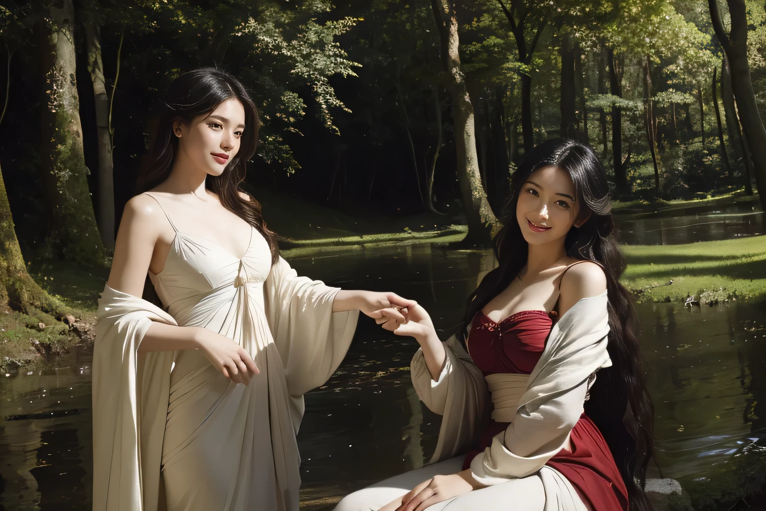 Giorgione painting style,Barbizon forest A beautiful woman in Greek dress smiles on the shore,Sweet and seductive appearance.、Caravaggio's paintings、Chiaroscuro of Caravaggio、hair tousled by the wind,Two women frolicking,cute smile, expression of ecstasy,Sexy,erotic, full body portrait