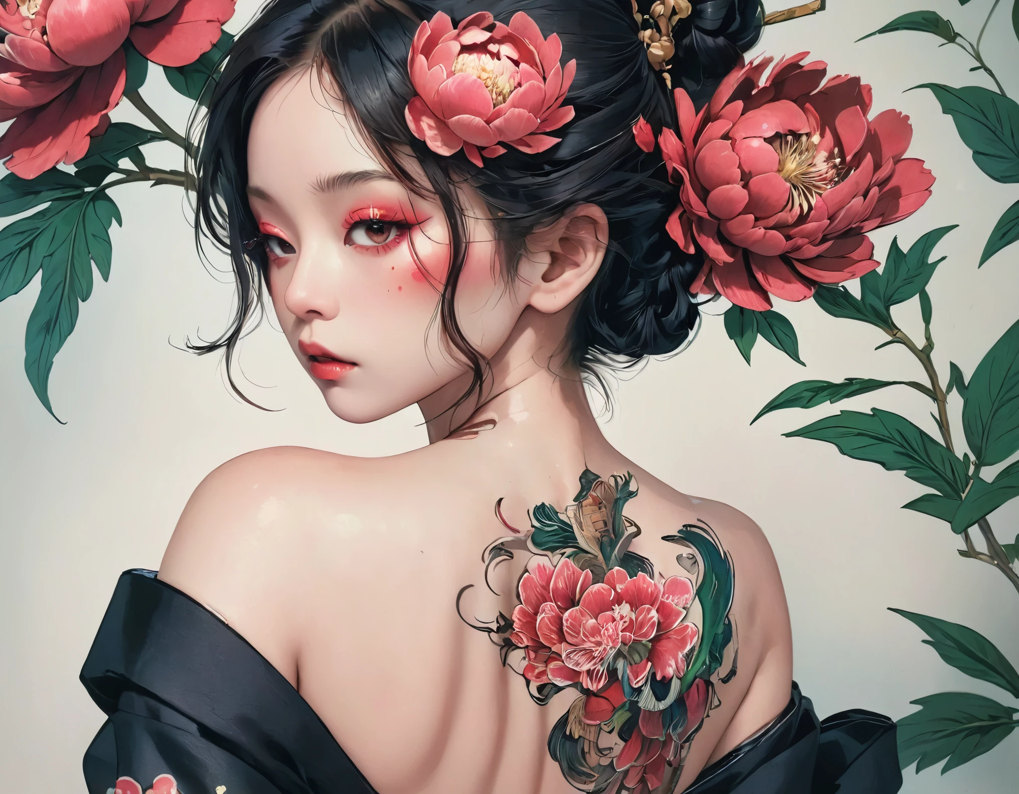 Japan woman in black kimono、Expose the right shoulder、(He has a stunning red peony tattoo across his back.:1.5)、（Close up of a red peony tattoo：1.9）、Background with red peony design、masterpiece、Hyperrealistic、8k、Photorealistic、Detailed portrait、Intricate details、Dramatic lighting、Bright colors、Refined and elegant aesthetics、Traditional Japan style