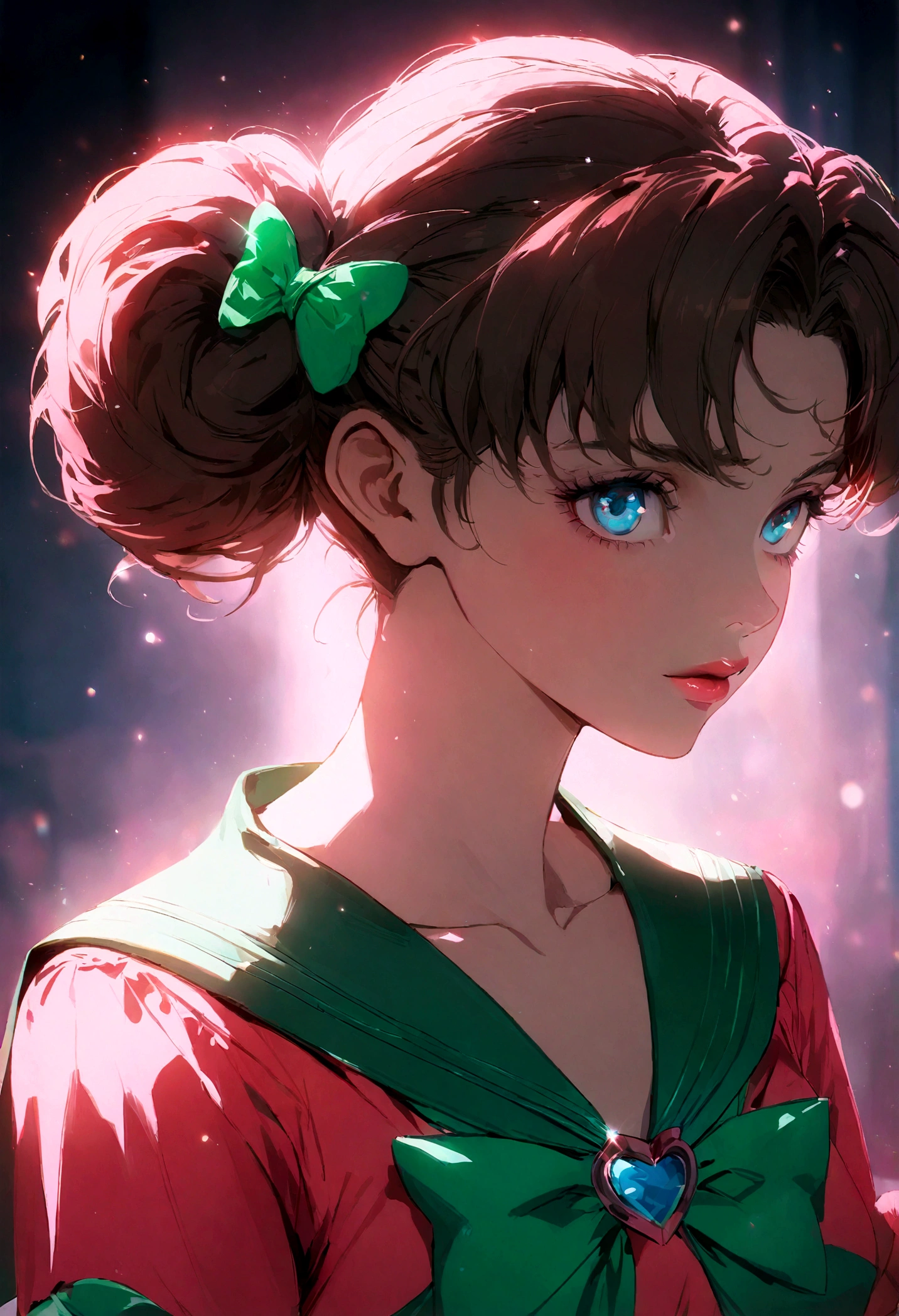 1girl, sailor Jupiter, bishoujo senshi sailor moon, extremely detailed face, beautiful eyes, long eyelashes, detailed lips, detailed hair, anime style, magical girl, meatball hairstyle, , sailor collar, detailed bow, fluorescent lighting, vivid colors, glowing effect, fantasy, soft lighting, digital painting, cinematic, masterpiece, (best quality,8k,highres,detailed)