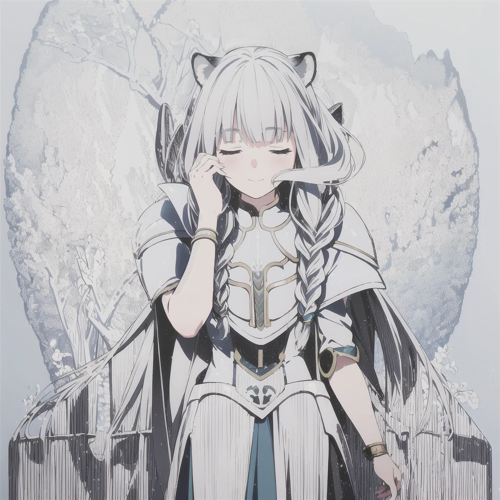 ((masterpiece)), (best quality), (ultra-detailed), photorealistic, (best illustration), ((an extremely delicate and beautiful)), 1girl, solo, long hair, tiger ears, [:tiger tail under:0.2], white hair, two-tone hair, full body, long blue cape, (Alternative outfit:1), platinum armor, cross-laced, standing, closed eyes, smile, black skirt, short sleeves, detailed scenery, blue sky, horizon, low twin braids, twin braids, hair ornament, bracelet, (knight outfit:0.9), blush, no helmet, Cute but Formidable, girl knight, armor on body. 