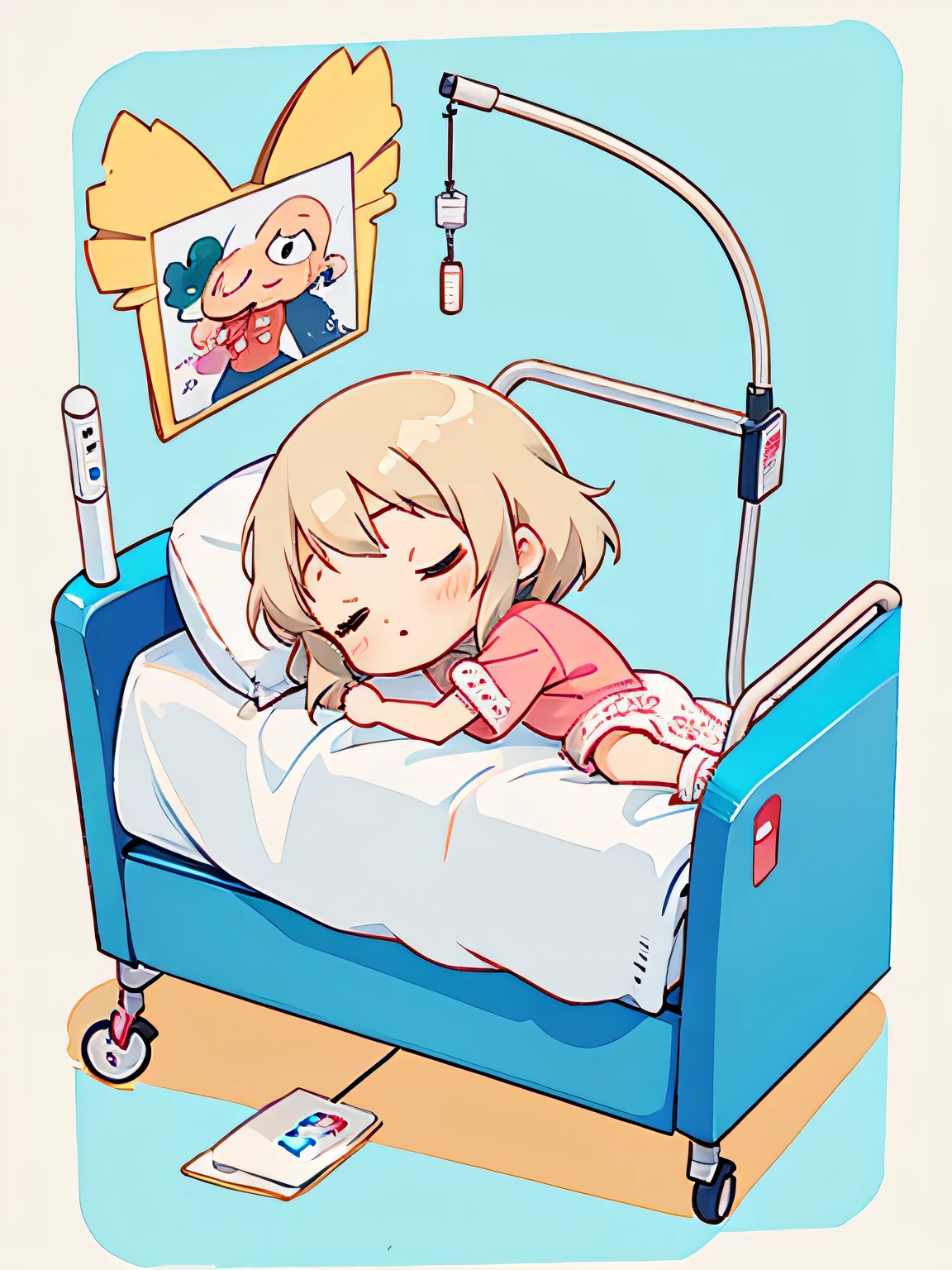 Hayao Miyazaki style, Kawaii Design, The most beautiful girl of all time、Chibi, Taking a nap、hospital bed