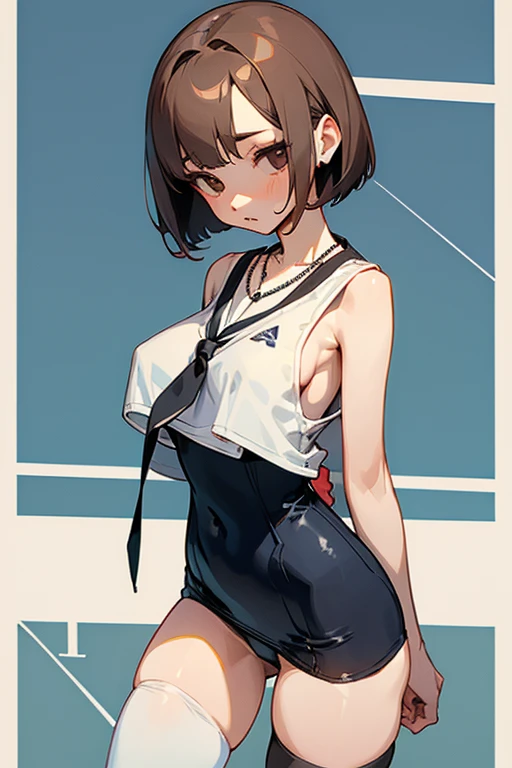 Brown short bob、School swimsuit with white line design、Black Stockings、necklace、tits、slender、