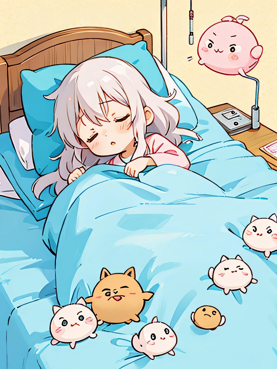 Hayao Miyazaki style, Kawaii Design, The most beautiful girl of all time、Chibi, Taking a nap、hospital bed
