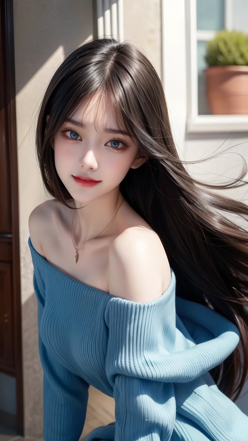 1girl, floating hair, dark blue hair, amber eyes, grin, best quality, 35mm lens, f/1.8, perfect skin, realistic, (adult face:1.2), 8k, award-winning photograph,gorgeous, (portrait:0.6), Cinematic, ultra high res, light blue dress, beautifully detailed mouth, extremely detailed eyes and face, beautiful detailed eyes,looking at viewer, bare shoulders, brown eyes, jewelry, full body, necklace, off-the-shoulder, sweater, sexy