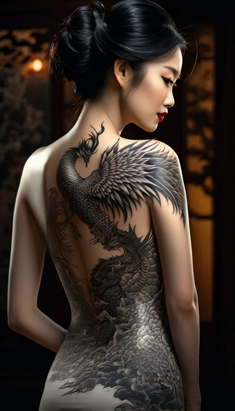 a beautiful woman with an intricate dragon and phoenix back tattoo, extremely detailed tattoo design, elegant Japanese geisha style, Snow-white powdered neck,serene and mysterious atmosphere, dramatic lighting, chiaroscuro, dramatic shadows, moody tones, cinematic composition, highly detailed, photorealistic, 8k, best quality