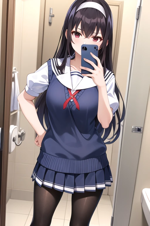 masterpiece, best quality, highres, aautaha, long hair, black hair, hairband, , sailor collar, sweater vest, blue sweater, white shirt, short sleeves, pleated skirt, blue skirt, (black pantyhose:1.2), selfie in mirror, bathroom,