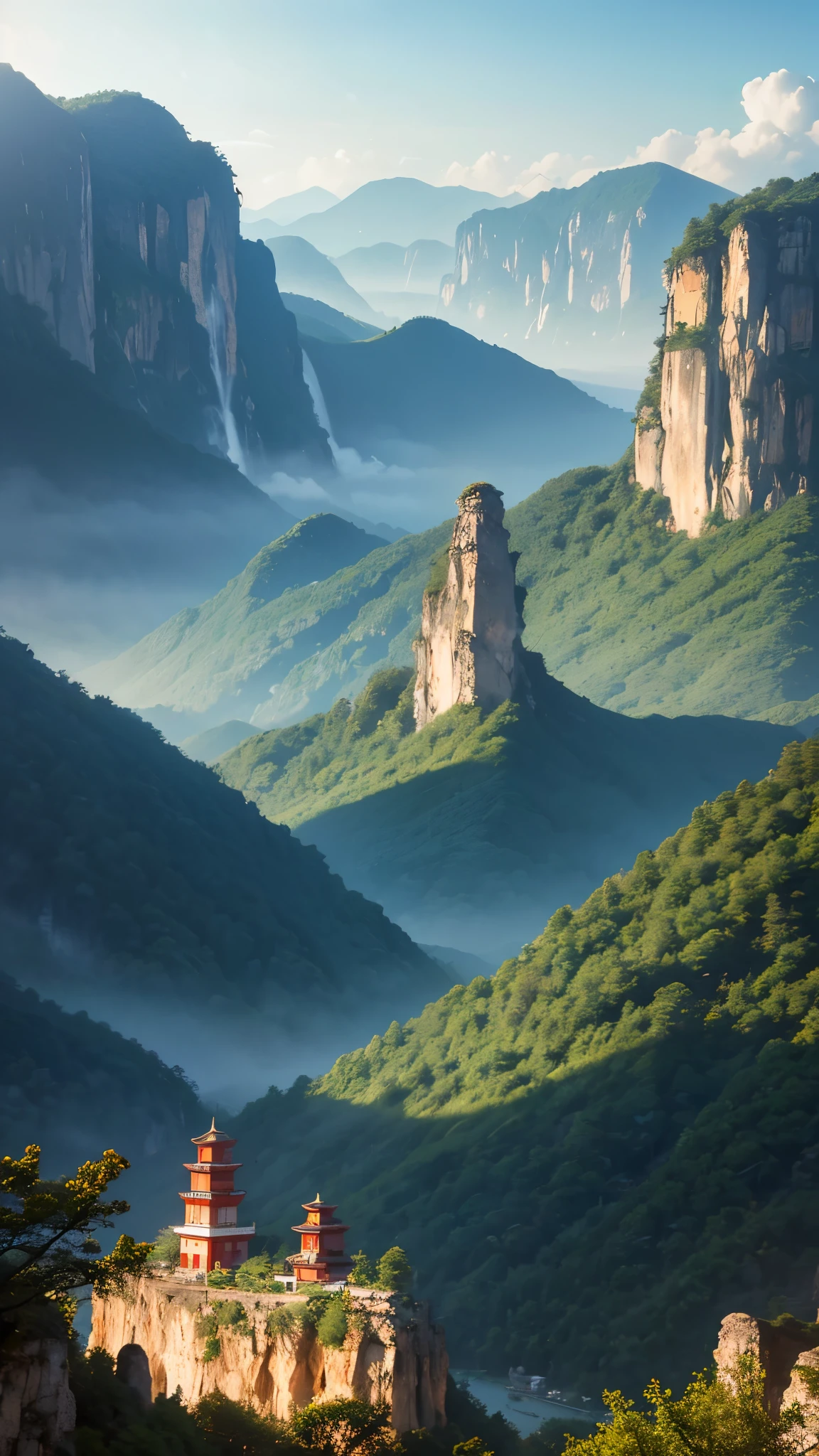 mountains with a small red building on top of them, by Cheng Jiasui, chinese landscape, by Yuan Jiang, an amazing landscape image, zhangjiajie in early morning, by Liu Haisu, by Raymond Han, breathtaking mountains, by Xia Yong, floating mountains, incredibly beautiful, by Ren Xiong, zhangjiajie national forest park