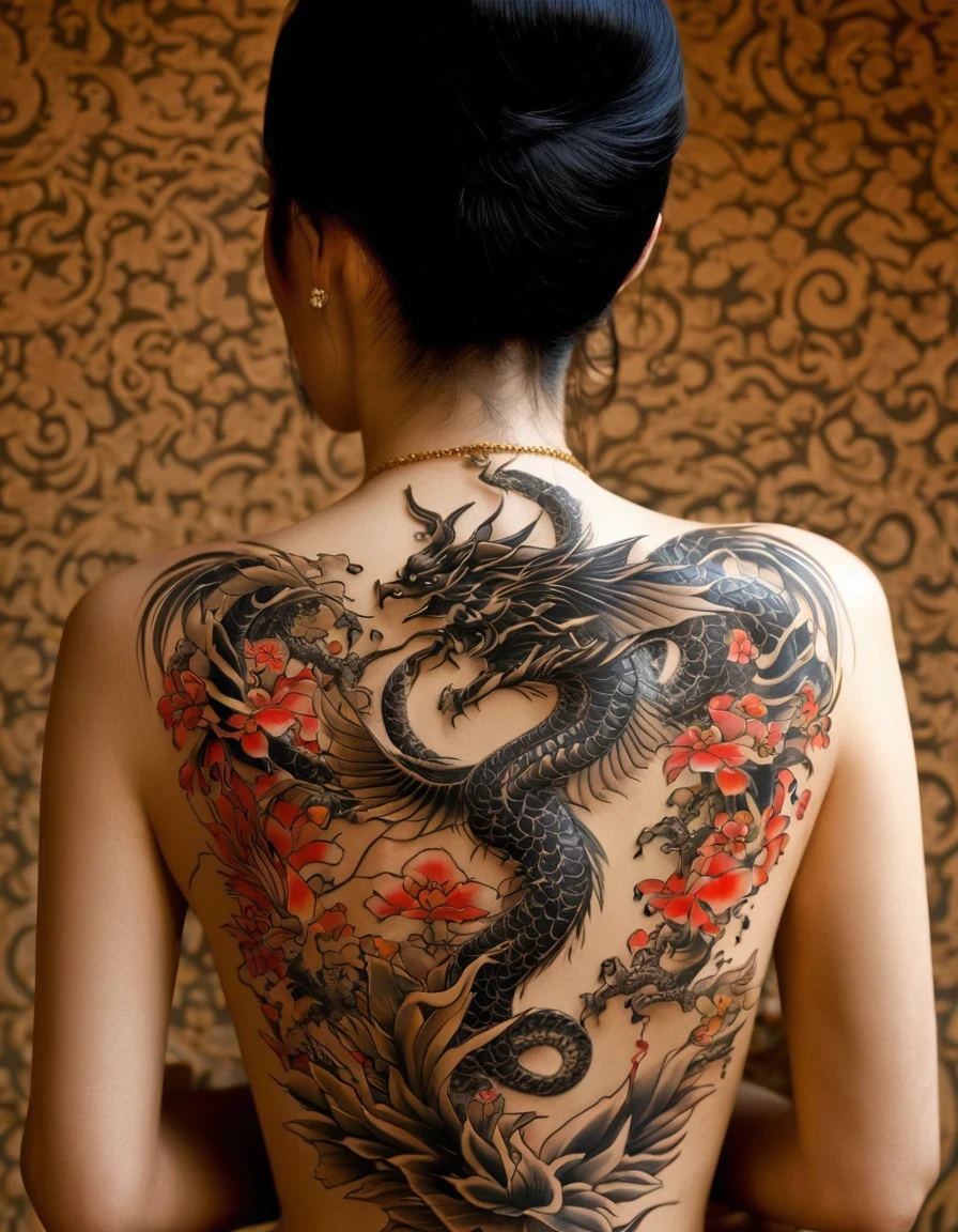 Back Tattoo,Dragon and Phoenix Tattoo on Back,Rich details,(Super macro),The beautiful back line of a Japanese geisha,serge lutens style,in style of Cecil Beaton
