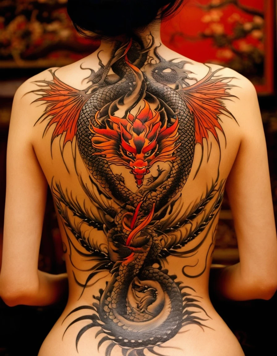 Back Tattoo,Dragon and Phoenix Tattoo on Back,(Super macro),,The beautiful back line of a Japanese geisha,serge lutens style,in style of Cecil Beaton