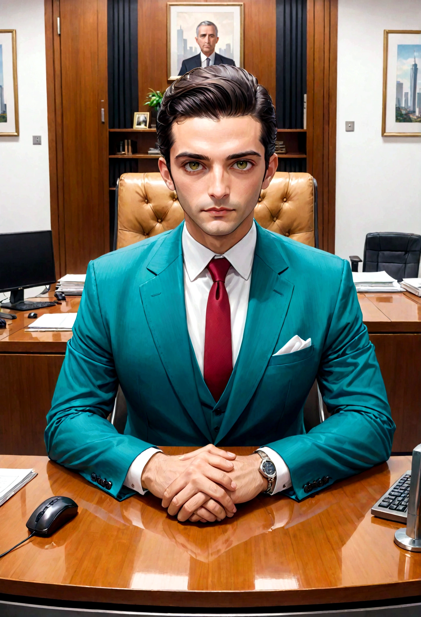 Portrait of São Paulo businessman sitting behind the desk in a suit This man must be white, loiro, olhos verdes, imagens bonitas e elegantes e realistas devem ser 8K、Behind him you need to see São Paulo、De frente、looking at the camera.