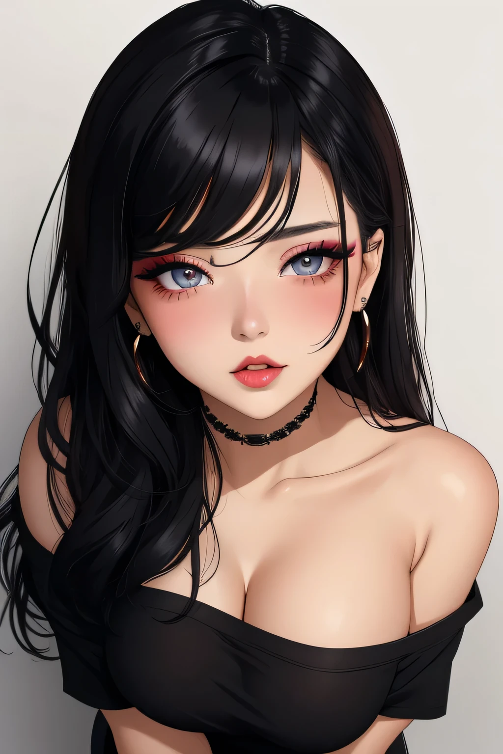 Amazing portrait of a sexy woman with a beautiful face emphasised by amazing makeup and black hair and seductive eyes in an intense gaze with her mouth parted and a deep blush on her face as she's flustered wearing an off shoulder t shirt