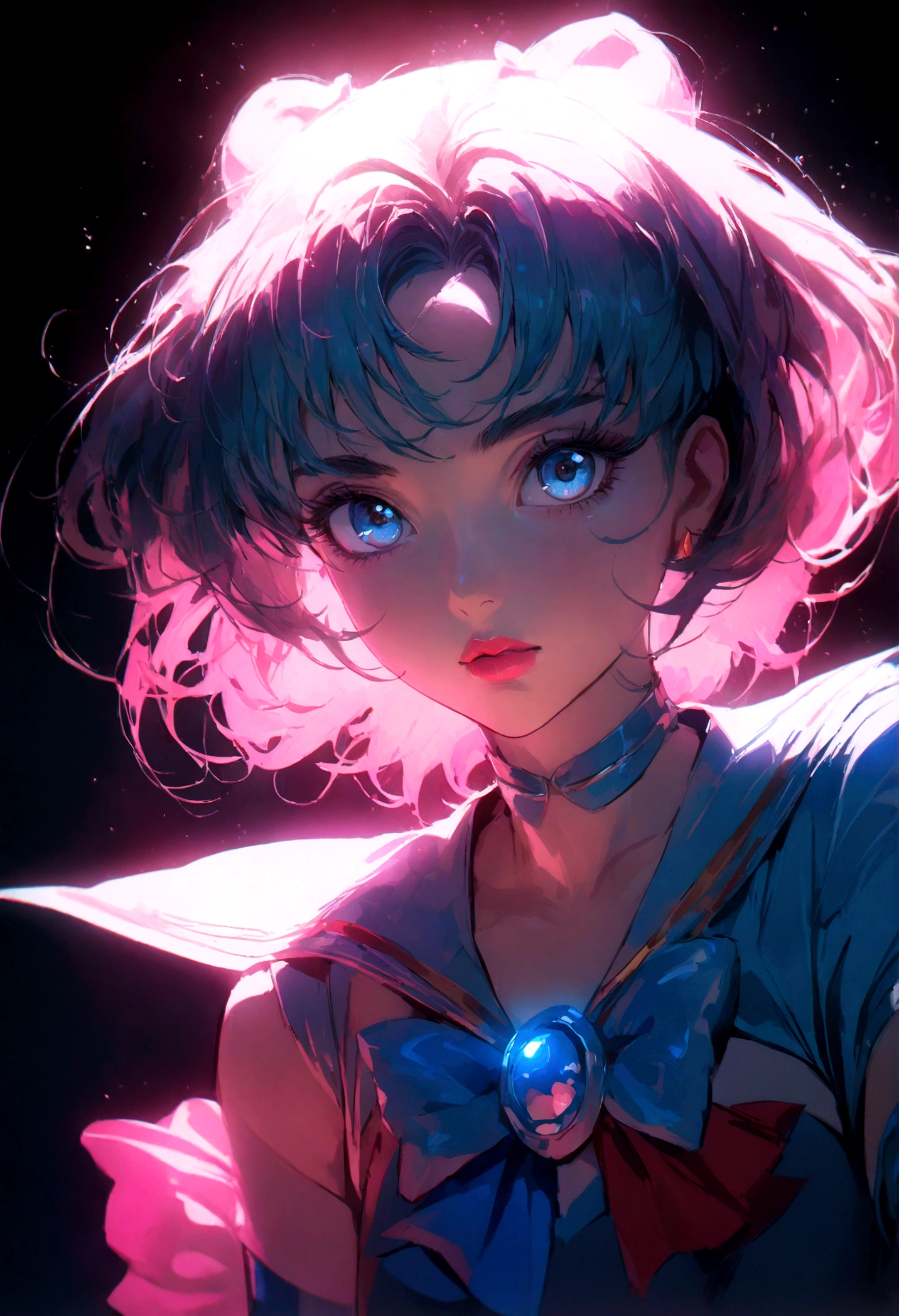 1girl, sailor mercury, bishoujo senshi sailor moon, extremely detailed face, beautiful eyes, long eyelashes, detailed lips, detailed hair, anime style, magical girl, sailor collar, detailed bow, fluorescent lighting, vivid colors, glowing effect, fantasy, soft lighting, digital painting, cinematic, masterpiece, (best quality,8k,highres,detailed)