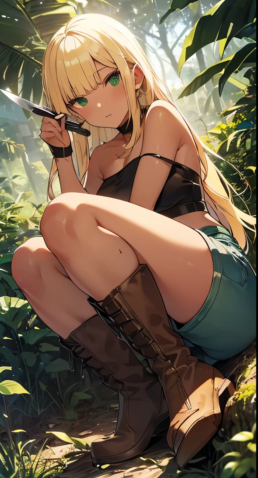 highest quality，(masterpiece)，(((Full body image)))，(girl１)， (Highly detailed face),Slightly round face, (Tan brown face:1.6), Boyish beauties, Beautiful Lips，Stern face，Troubled face，Beautiful Lips，Baby Face，(Black Gal:1.6),（Big eyes)，(Smooth, straight, Long Hair:1.5）,(Bright blonde hair:1.6),(Blunt bangs),(Brown Skin:1.6),(Green denim hot pants:1.3),(Camouflage tube top:1.3),(Brown leather short boots:1.2),(Holding a knife:1.3)，in the forest，In the jungle，grassland，Woman in survival mode，Sexy thighs，Provocative ass,　(Both feet point inwards:1.6),hot，Sweating excessively，hot帯林，During a break，(Sit comfortably in the bush:1.3), Front angle, Beautiful ass, Night Sky, Bonfire,Mysterious glow，