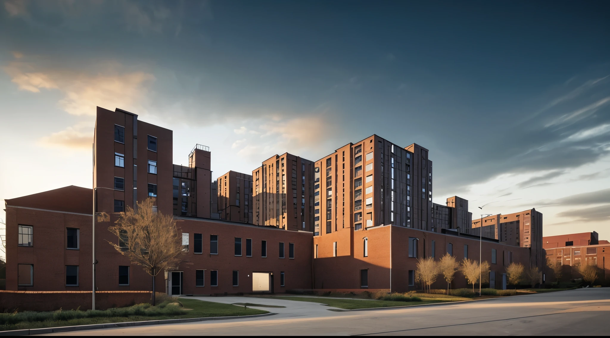 Match the sky with the background image. brick buildings. industrial area