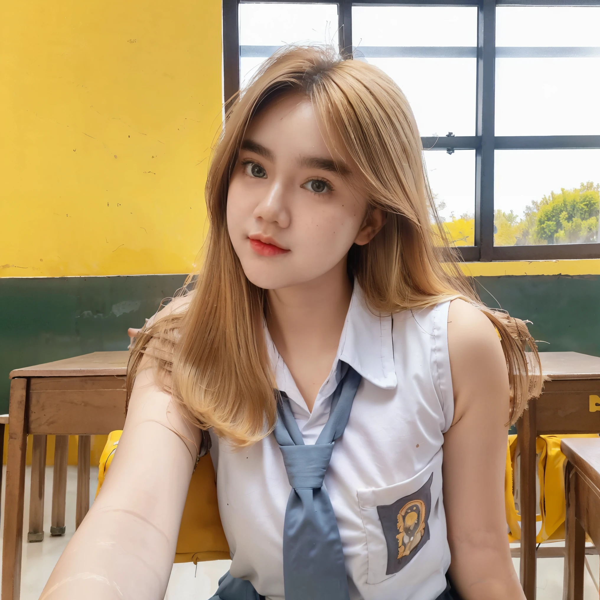 Beautiful 18 Years Old , Gigantic Colossal Breast , Cleavage , Sleeveless , ((Wearing High School Uniform)) , High School Skirt , Kayes , Indonesian Influencer , Sit On Table In Classroom , Modern Futuristic Classroom , Take Selfie , ((Face Focus)) , ((Centre:1.1)), ((Symetric Picture:1.1)) , ((Blonde Hair:1.1)) , Extremely Detailed
