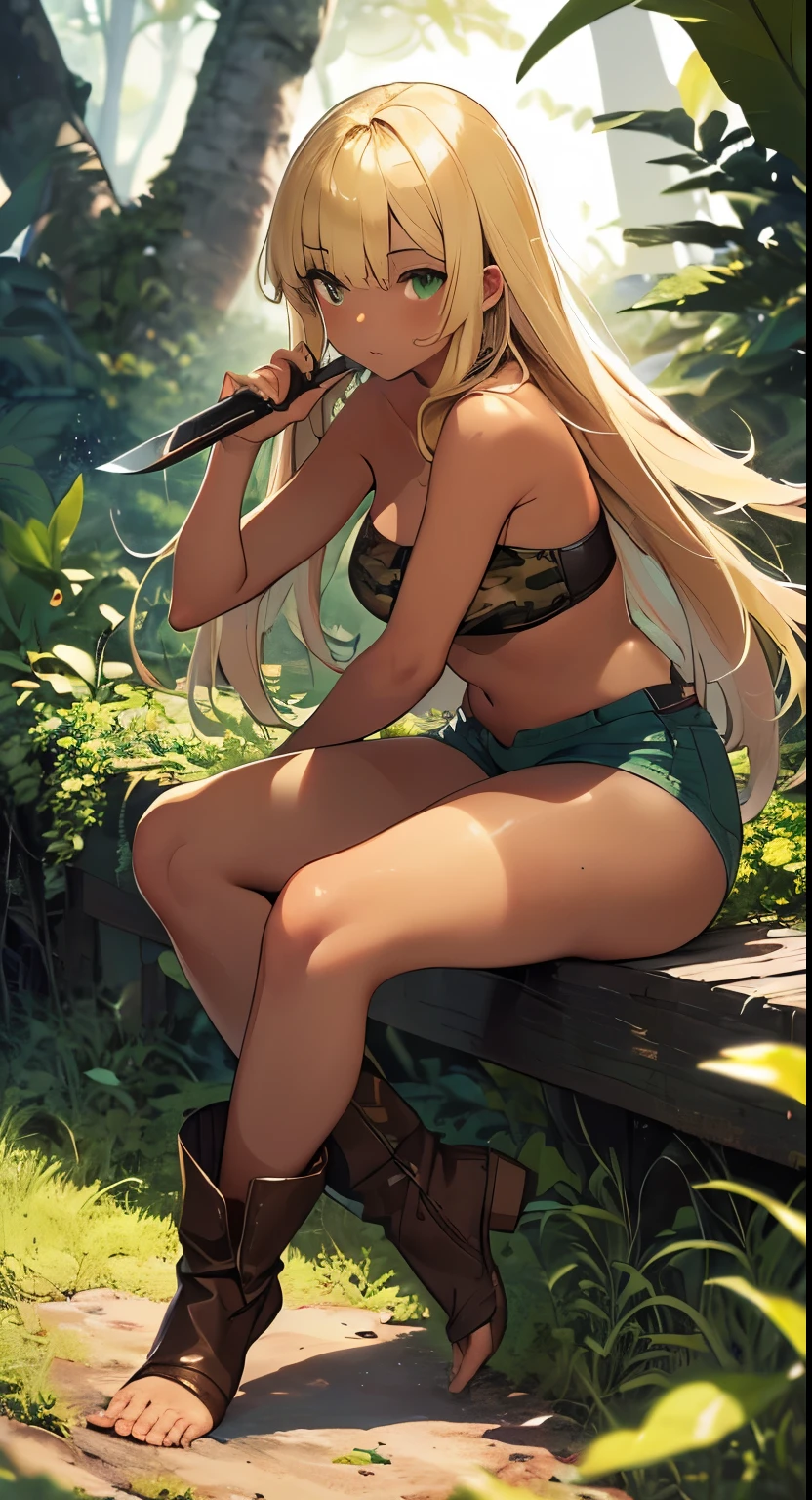 highest quality，(masterpiece)，(((Full body image)))，(girl１)， (Highly detailed face),Slightly round face, (Tan brown face:1.6), Boyish beauties, Beautiful Lips，Stern face，Troubled face，Beautiful Lips，Baby Face，(Black Gal:1.6),（Big eyes)，(Smooth, straight, Long Hair:1.5）,(Bright blonde hair:1.6),(Blunt bangs),(Brown Skin:1.6),(Green denim hot pants:1.3),(Camouflage tube top:1.3),(Brown leather short boots:1.2),(Holding a knife:1.3)，in the forest，In the jungle，grassland，Woman in survival mode，Sexy thighs，Provocative ass,　(Both feet point inwards:1.6),hot，Sweating excessively，hot帯林，During a break，(Sit comfortably in the bush:1.3), Front angle, Beautiful ass, Night Sky, Bonfire,Mysterious glow，