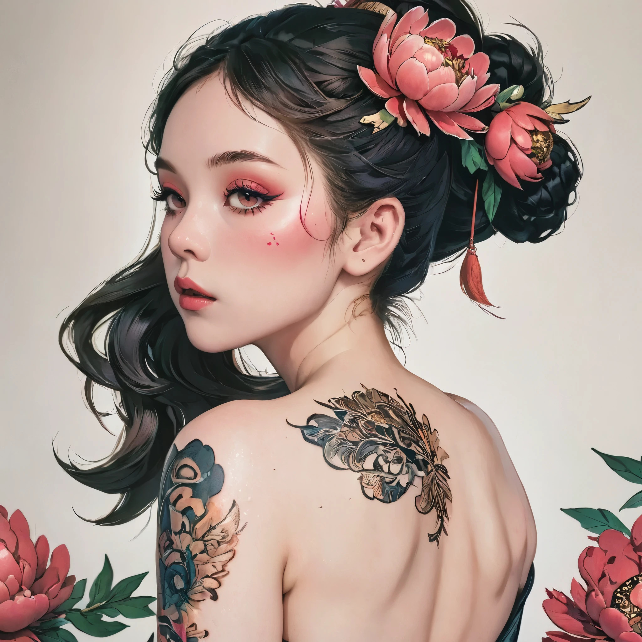 ((Woman with a stunning and large scarlet peony tattoo across her entire back:1.9))、She opens her black kimono to reveal her back、（Close up of a scarlet peony tattoo:1.6）、Detailed tattoos、tattoo details、Background with red peony design、masterpiece、Hyperrealistic、8k、Photorealistic、Detailed portrait、Intricate details、Dramatic lighting、Bright colors、Refined and elegant aesthetics、Traditional Japan style