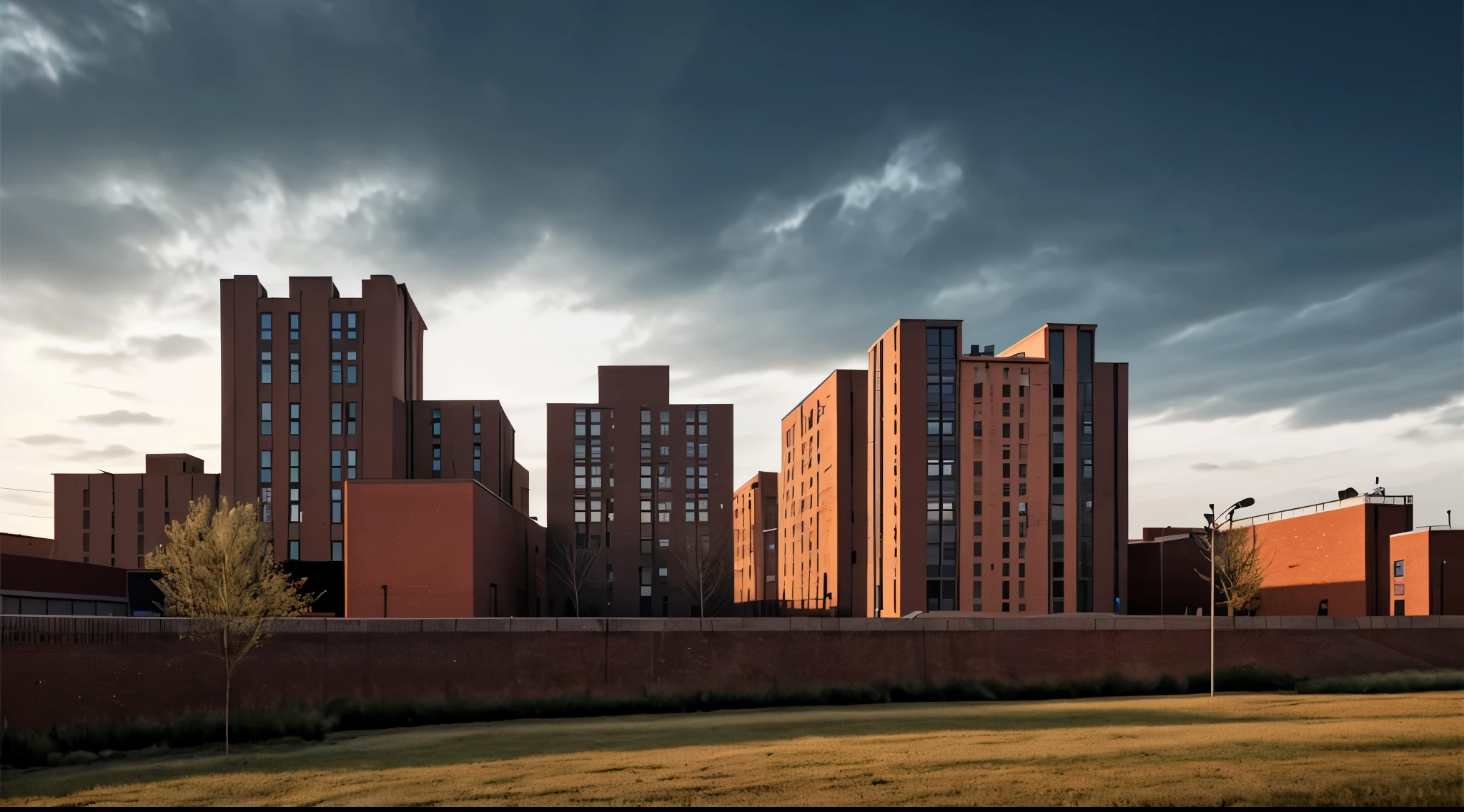 Match the sky with the background image. brick buildings. industrial area