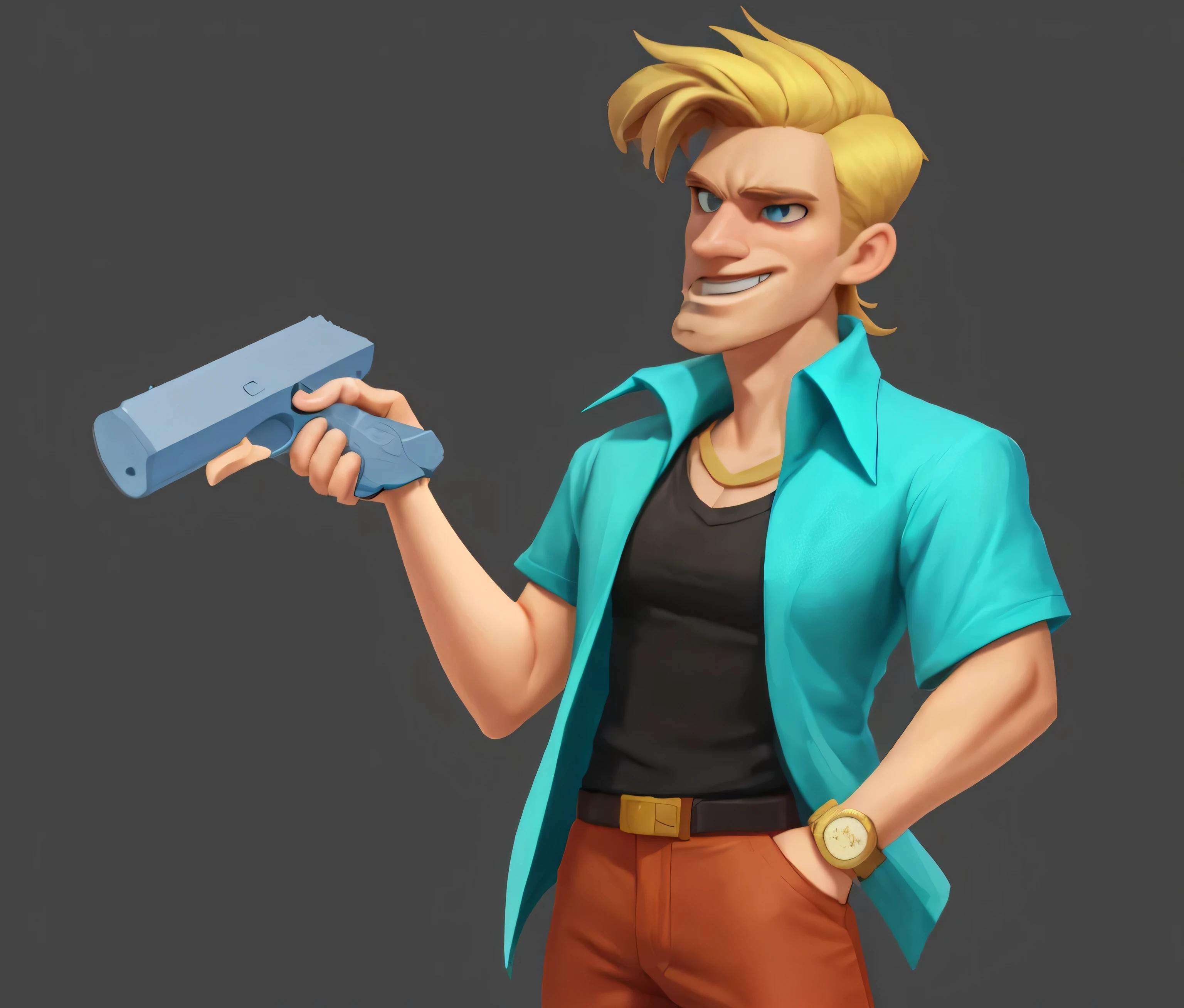 A male,hair,Blue Shirt,Holding a pistol in hand,Brick red pants,The expression is arrogant,good at,cartoon,Strong light and shadow,Dramatic light,portrait,Studio Lighting,HD,