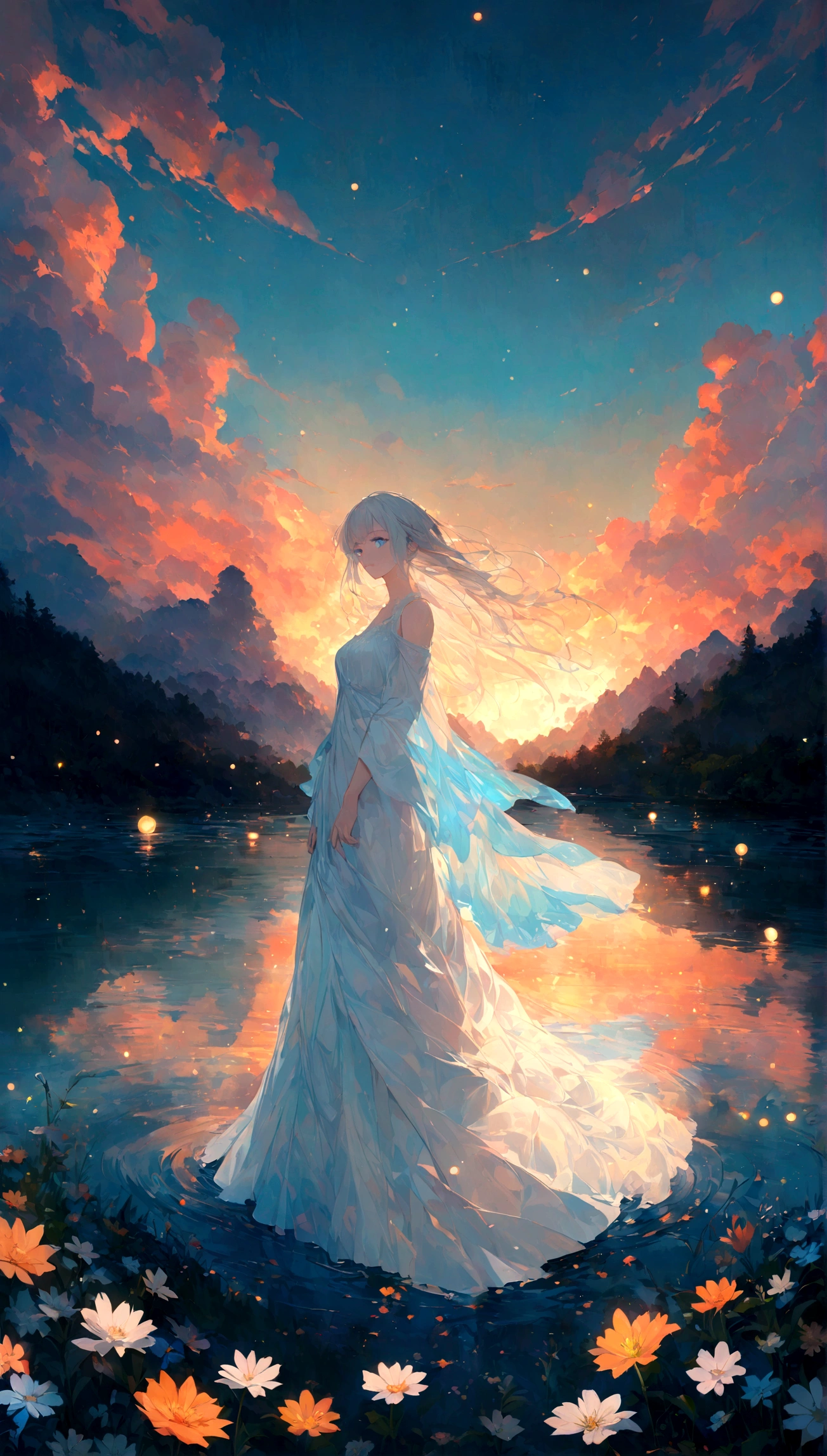 Ethereal young woman with flowing silver hair and bright blue eyes, dressed in flowing white dress with light blue accents, stands contemplatively gazing at a dramatic Studio Ghibli-inspired sunset. Vibrant orange and blue clouds streak across the vast sky, their reflection dancing on the surface of a still lake surrounded by lush green mountains. In the foreground, a vibrant tapestry of wildflowers blooms. Achieve highest quality, high resolution, detailed 8K image. Render every detail meticulously, maintain serene contemplative mood with warm glowing light. Consider adding subtle magical elements like fireflies or faint otherworldly lake glow.