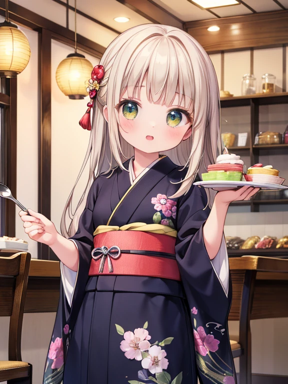 masterpiece, highest quality, Very detailed, 16k, Ultra-high resolution, Cowboy Shot, Detailed face, Perfect Fingers, 18-year-old female,  Inside the sweet shop, Cute kimono-like outfit, table, Chair, Carry dishes, 