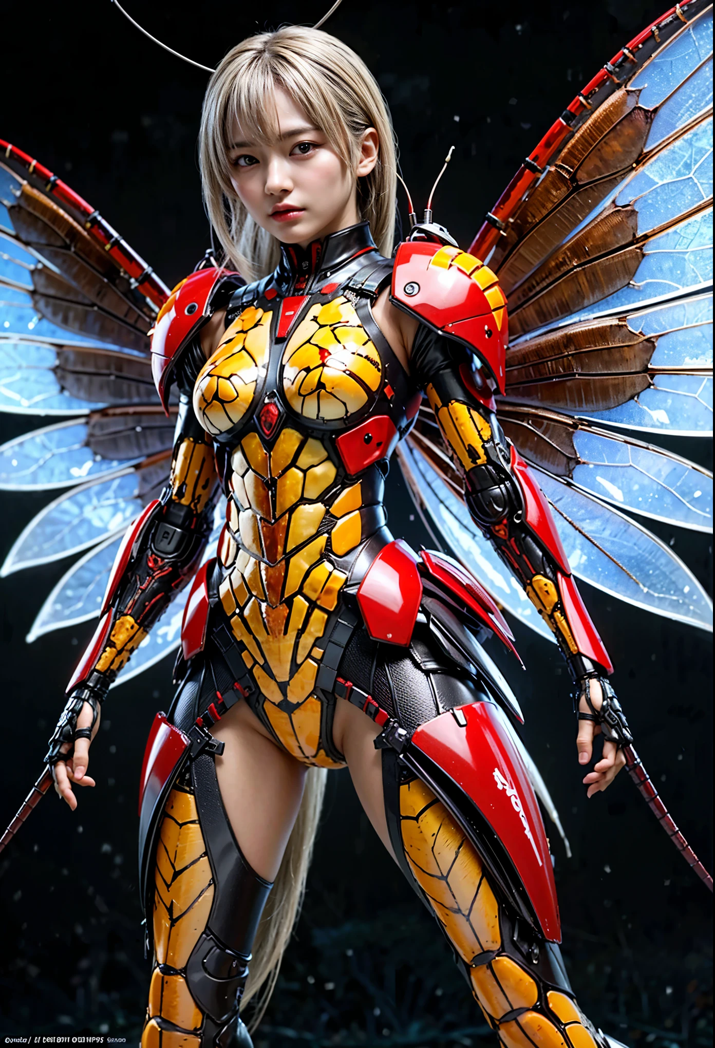 (top-quality:1.2, masterpiece), ultra high res,(Photorealsitic:1.4), (cockroach-like bio insect suit:1.3), heavy weapons,large wings, vivid textures,insect legs, colorful  hair, glowy skin, japanese girl beautiful face,  ((super realistic intricate details)), full body shot, globalillumination, octan render, ultrasharp, character edge light, Details of complex ornaments, Acrylic Clear Cover, Hydraulic cylinder