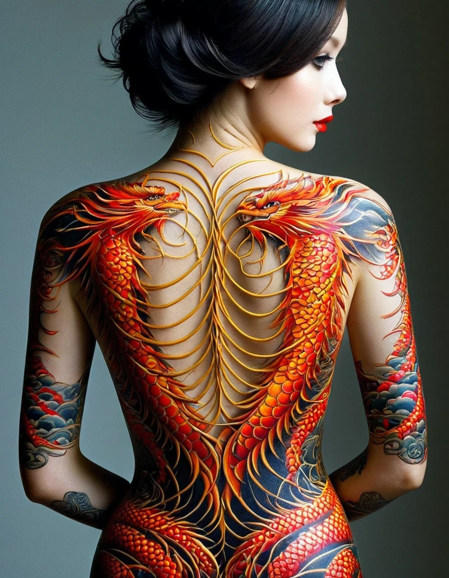 Back Tattoo/Back tattoo,flamboyant,(Super macro),Beautiful back line,serge lutens style,in style of Cecil Beaton