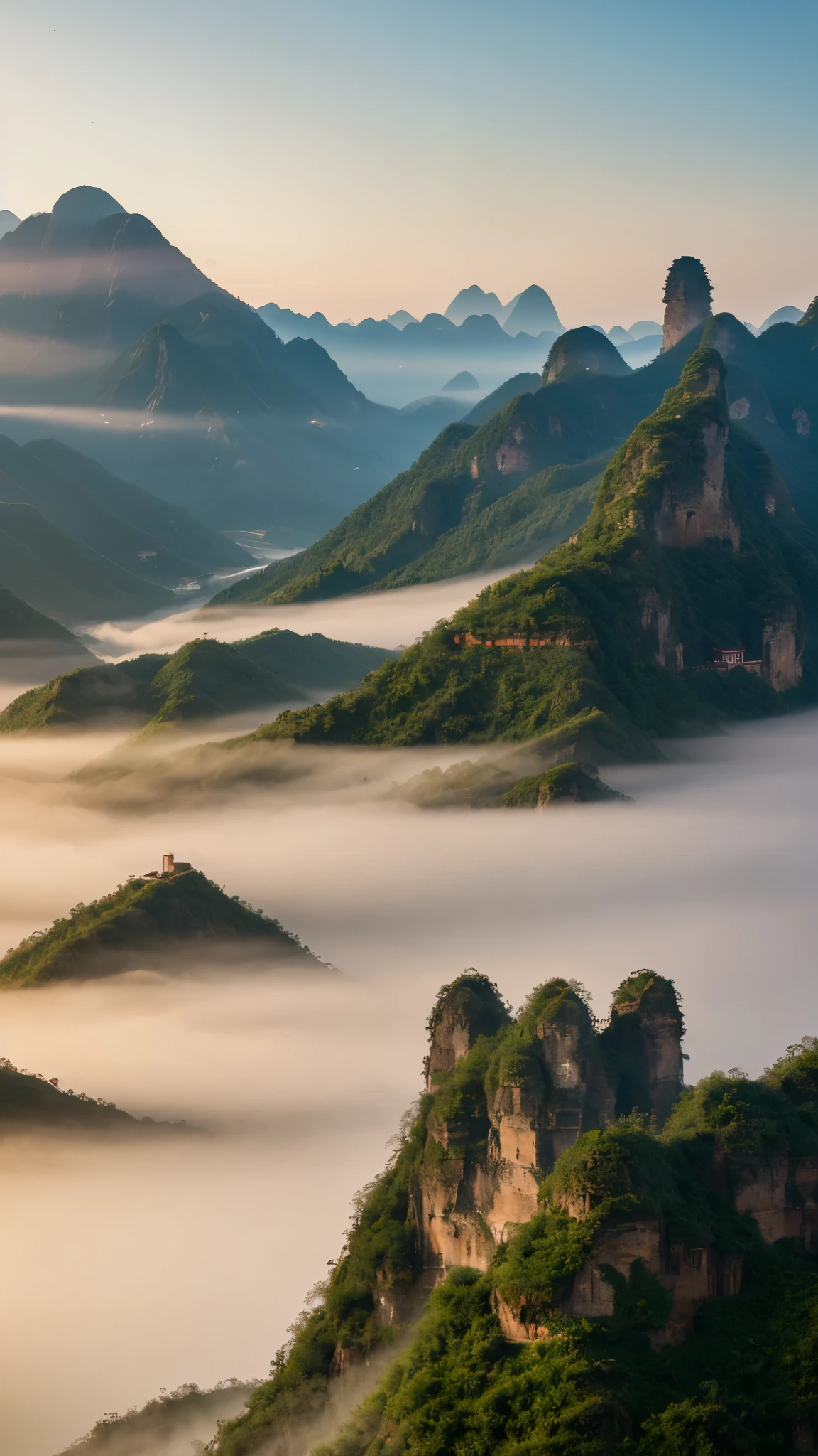 mountains with a small red building on top of them, by Cheng Jiasui, chinese landscape, by Yuan Jiang, an amazing landscape image, zhangjiajie in early morning, by Liu Haisu, by Raymond Han, breathtaking mountains, by Xia Yong, floating mountains, incredibly beautiful, by Ren Xiong, zhangjiajie national forest park