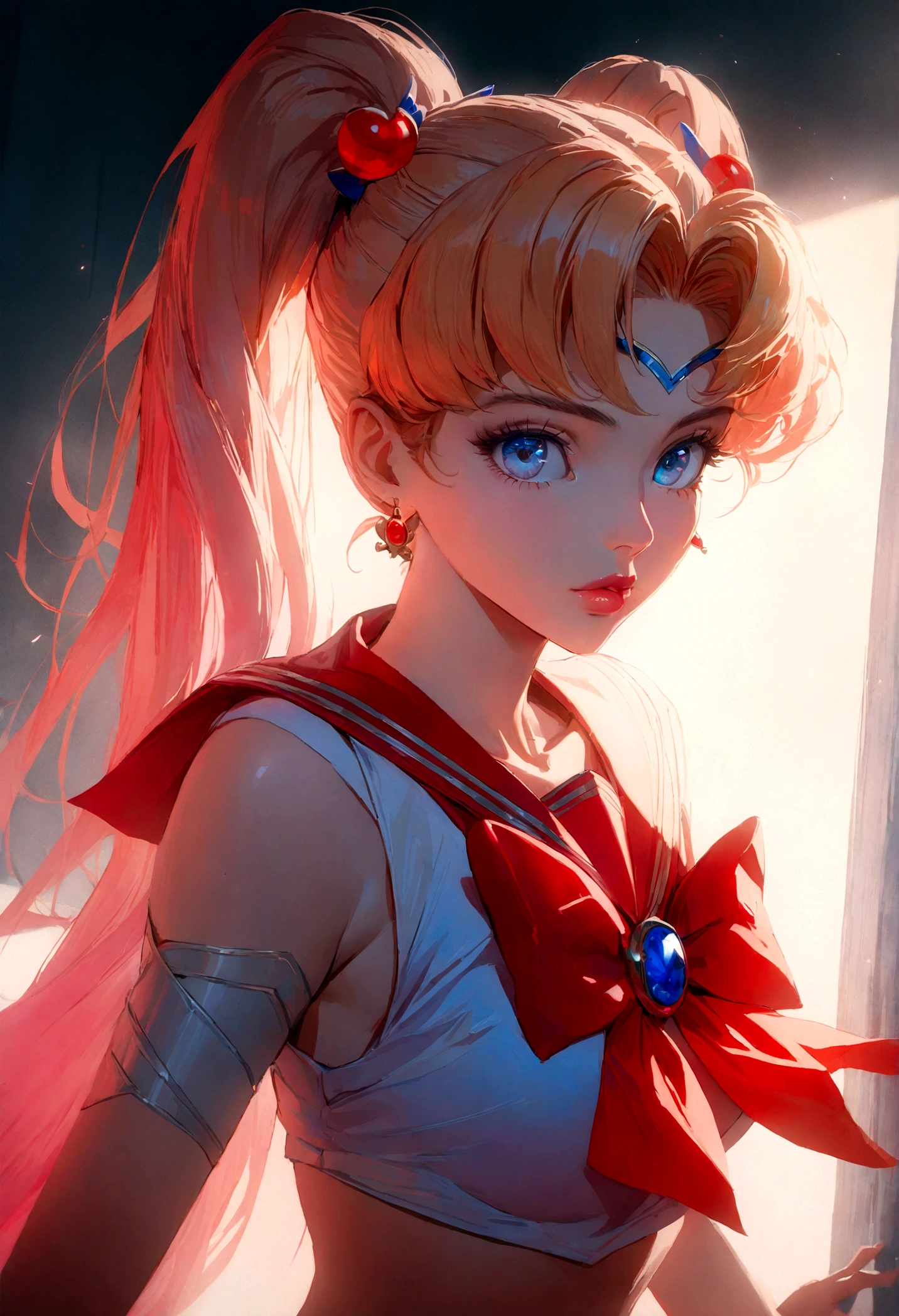 1girl, sailor venus, bishoujo senshi sailor moon, extremely detailed face, beautiful eyes, long eyelashes, detailed lips, detailed hair, anime style, magical girl,  sailor collar, detailed bow, fluorescent lighting, vivid colors, glowing effect, fantasy, soft lighting, digital painting, cinematic, masterpiece, (best quality,8k,highres,detailed)