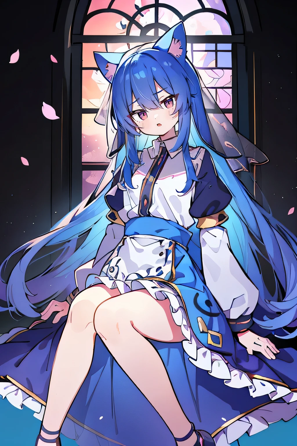 (masterpiece:1.2),Extremely detailed,Practical,expressive eyes,Fair skin,Perfect face shaping,1 Girl,
Japanese cartoons,Gorgeous blue hair, the long flowing blue hair,Floating clothes,Cat ears,Petals fall,beautiful lola,Angel,
Place your hands on your waist,sit elegantly on the ground,Cross your legs,Gentle and peaceful background,stately church,nun,torn clothes.