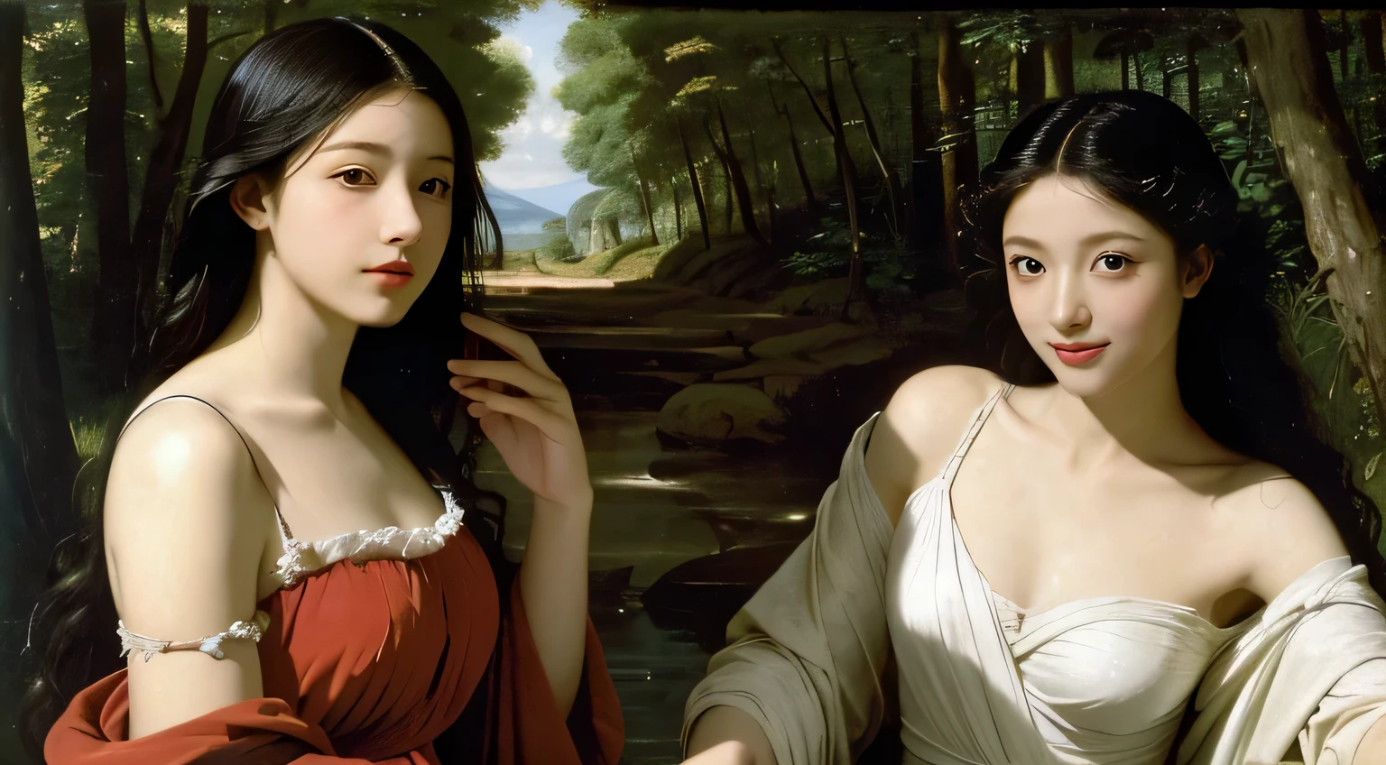 Giorgione painting style,Barbizon forest A beautiful woman in Greek dress smiles on the shore,Sweet and seductive appearance.、Caravaggio's paintings、Chiaroscuro of Caravaggio、hair tousled by the wind,Two women frolicking,cute smile, expression of ecstasy,Sexy,erotic, full body portrait