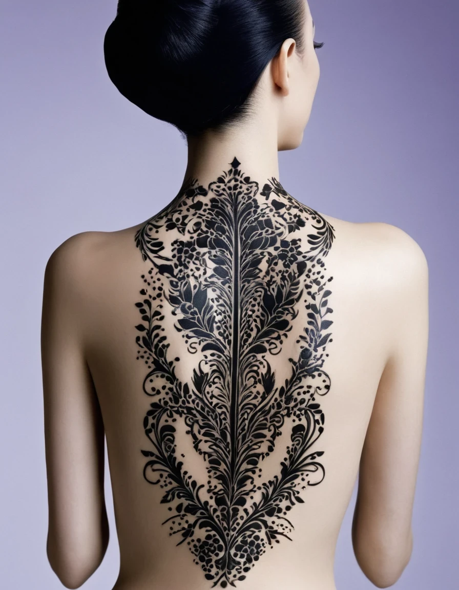 Back Tattoo/Back tattoo，（Super macro），Beautiful back line，serge lutens style，in style of Cecil Beaton