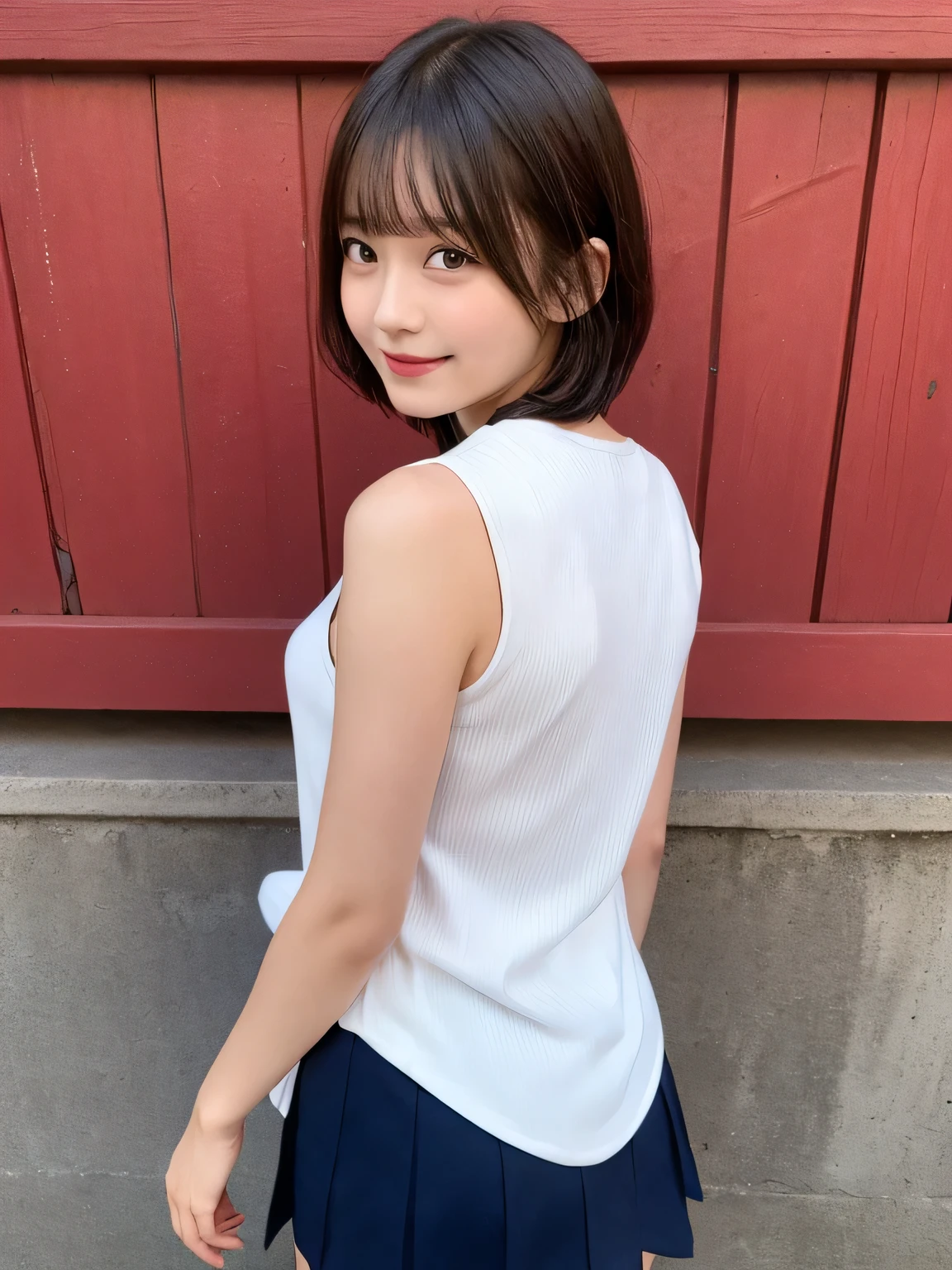 In detail,Full body photo、One high school girl、High resolution, high quality、Slim body、Shapely small breasts、Perfect dynamic composition, Beautiful fine details, Short Hair、Natural color lip,Kamimei、15-year-old girl、Clear Skin、Sleeveless green sailor suit、Navy blue mini skirt、Thighs、Shiny Hair、最high quality, figure, Very detailed, In detail, High resolution, 8k、The correct state of the human body、Sculpture model pose,Red Wall,Looking at the viewer with his back turned、Thighs are visible、smile、