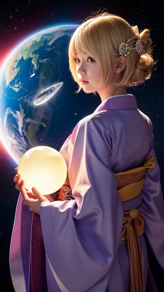 god、girl、kimono、Bob Hair、Blonde、Space、Second dimension beautiful girl、Holding a crystal ball、Facing forward