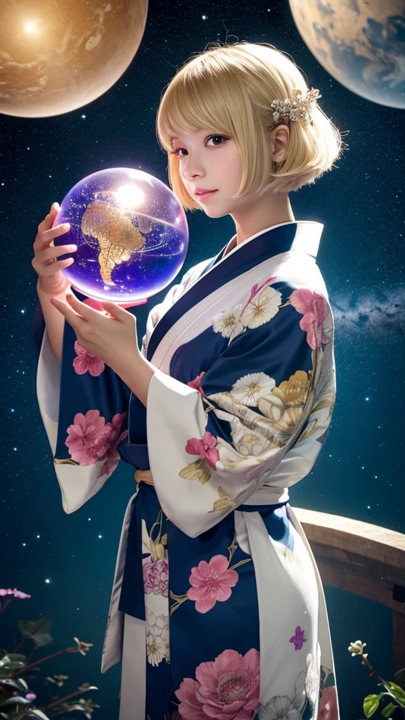god､girl､kimono､Bob Hair､Blonde､Space､Second dimension beautiful girl､Holding a crystal ball､Facing forward