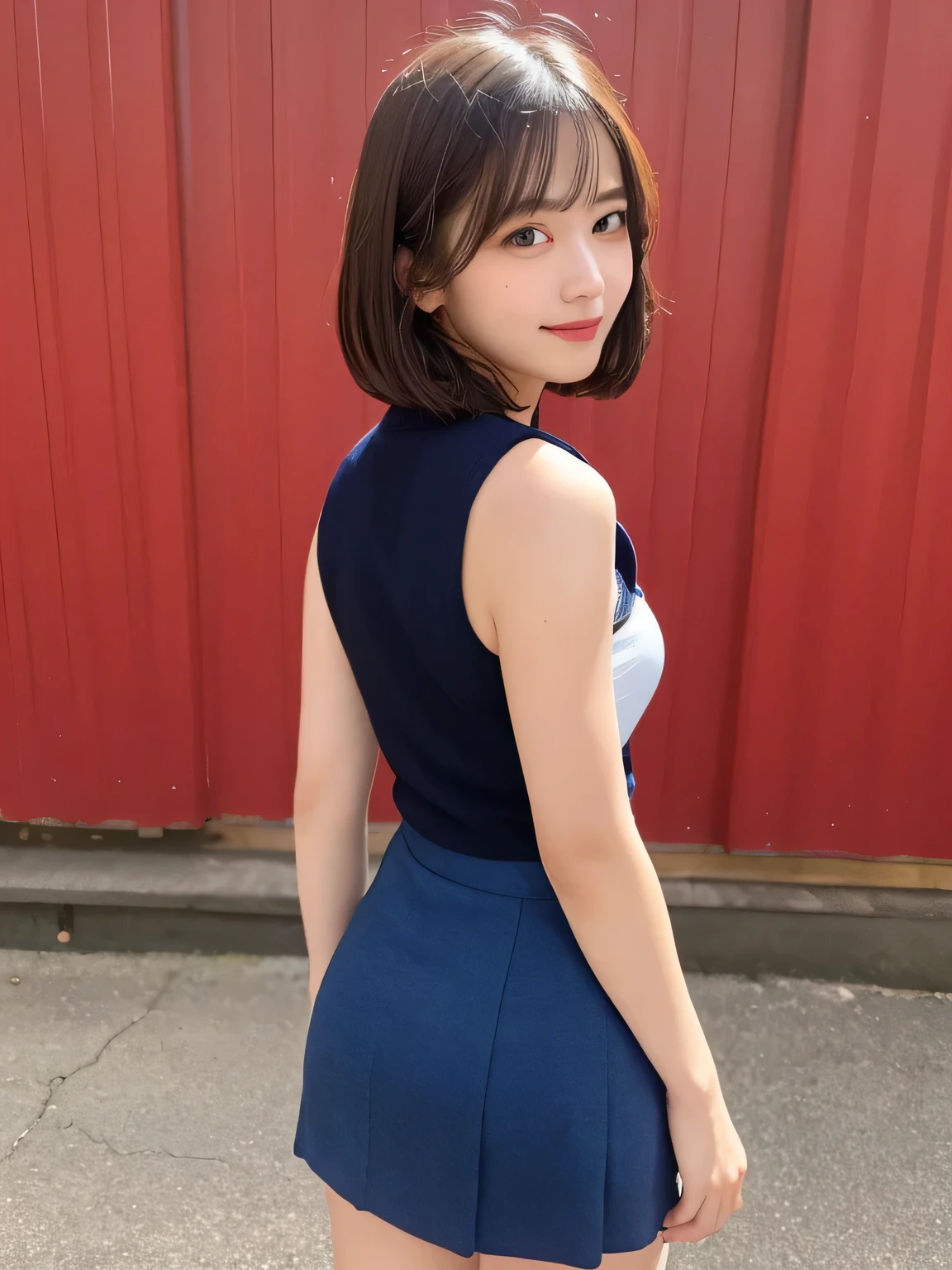 In detail,Full body photo、One high school girl、High resolution, high quality、Slim body、Shapely small breasts、Perfect dynamic composition, Beautiful fine details, Short Hair、Natural color lip,Kamimei、15-year-old girl、Clear Skin、Sleeveless white sailor suit、Navy blue mini skirt、Thighs、Shiny Hair、最high quality, figure, Very detailed, In detail, High resolution, 8k、The correct state of the human body、Sculpture model pose，Red Wall,Looking at the viewer with his back turned、Thighs are visible、smile、