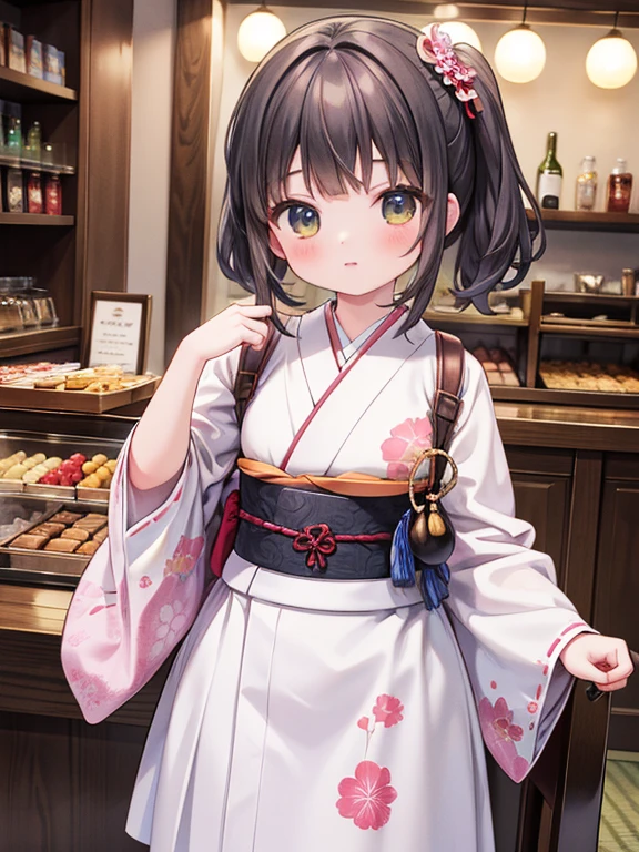 masterpiece, highest quality, Very detailed, 16k, Ultra-high resolution, Cowboy Shot, Detailed face, Perfect Fingers, 18-year-old female,  Inside the sweet shop, Cute kimono-like outfit, table, Chair, Carry dishes, lora:chiya_v3:1